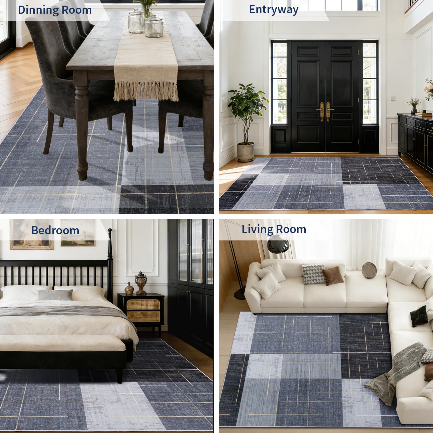 Machine washable geometric rug YIHOUSE 5x7 blue gray white