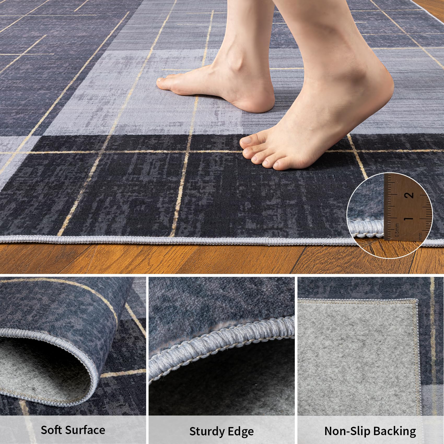 YIHOUSE abstract modern rug 5x7 blue gray white gold stripe