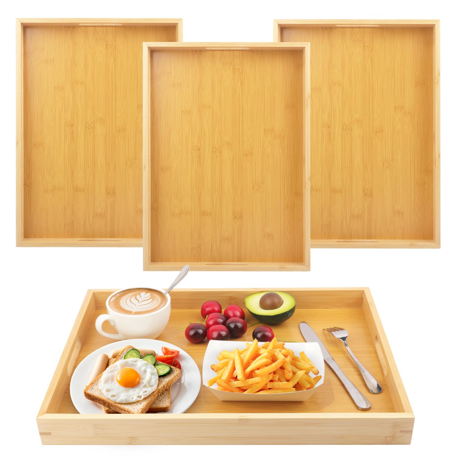 Yiksonyo 4-pack bamboo serving trays 18x13 inches with handles