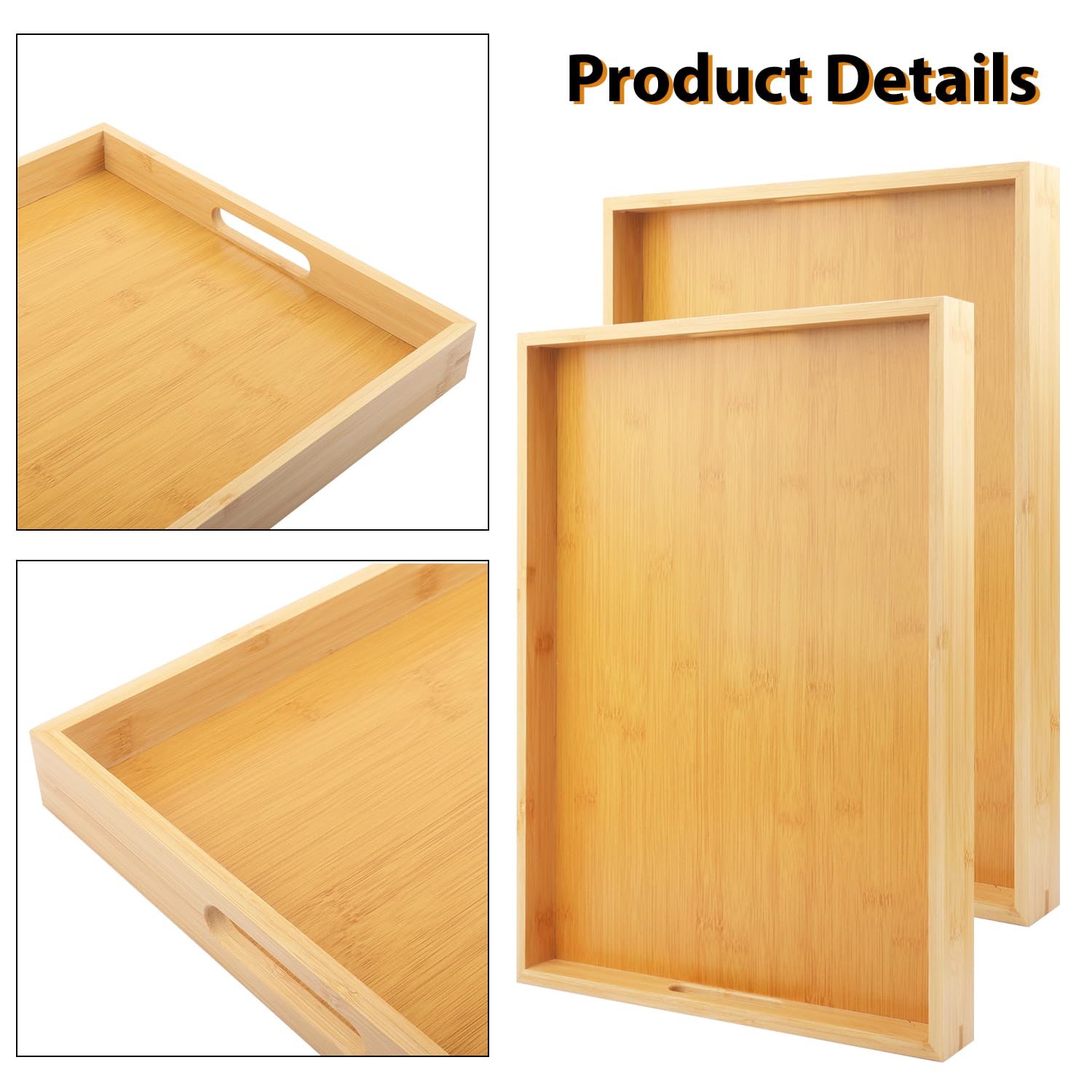 Bamboo serving trays with grip handles and raised edges