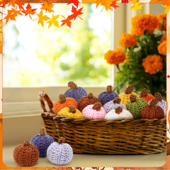 Close up of crocheted jute stems on mini knit pumpkins