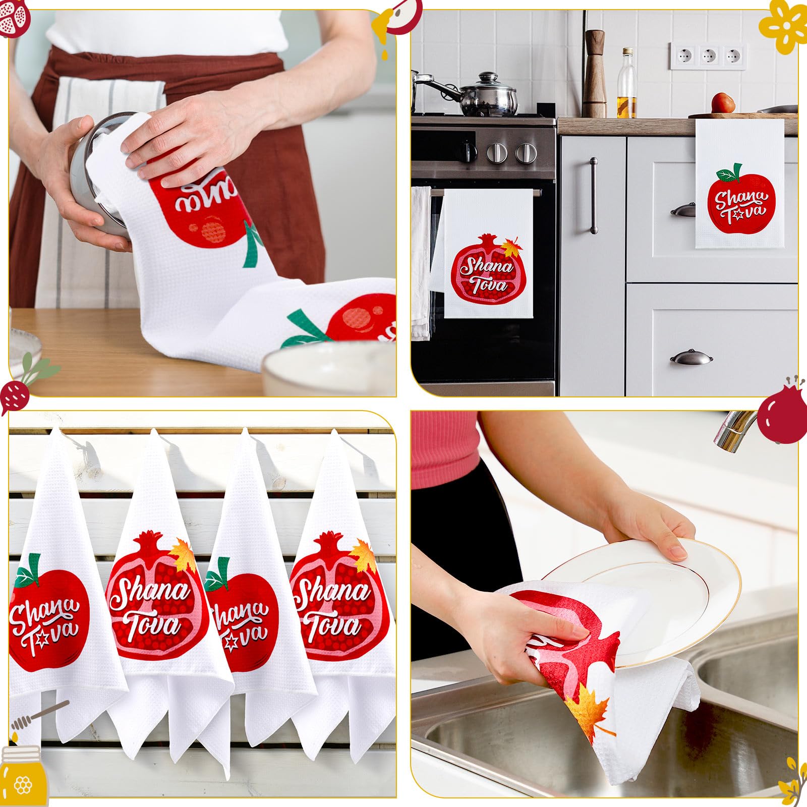 Red and white festive kitchen towels for Rosh Hashanah by Yinkin