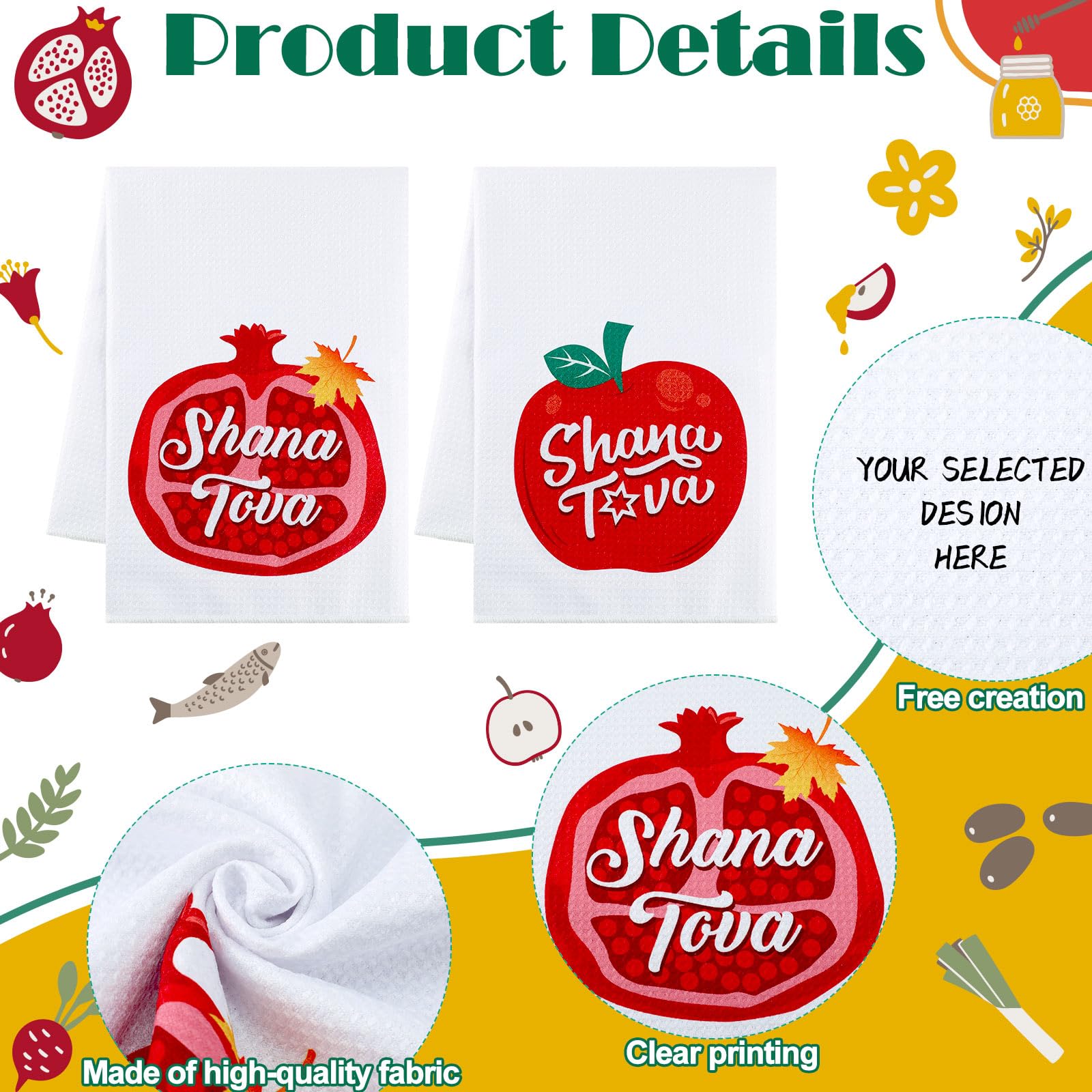 Yinkin microfiber towel with apples and pomegranates print for Rosh Hashanah