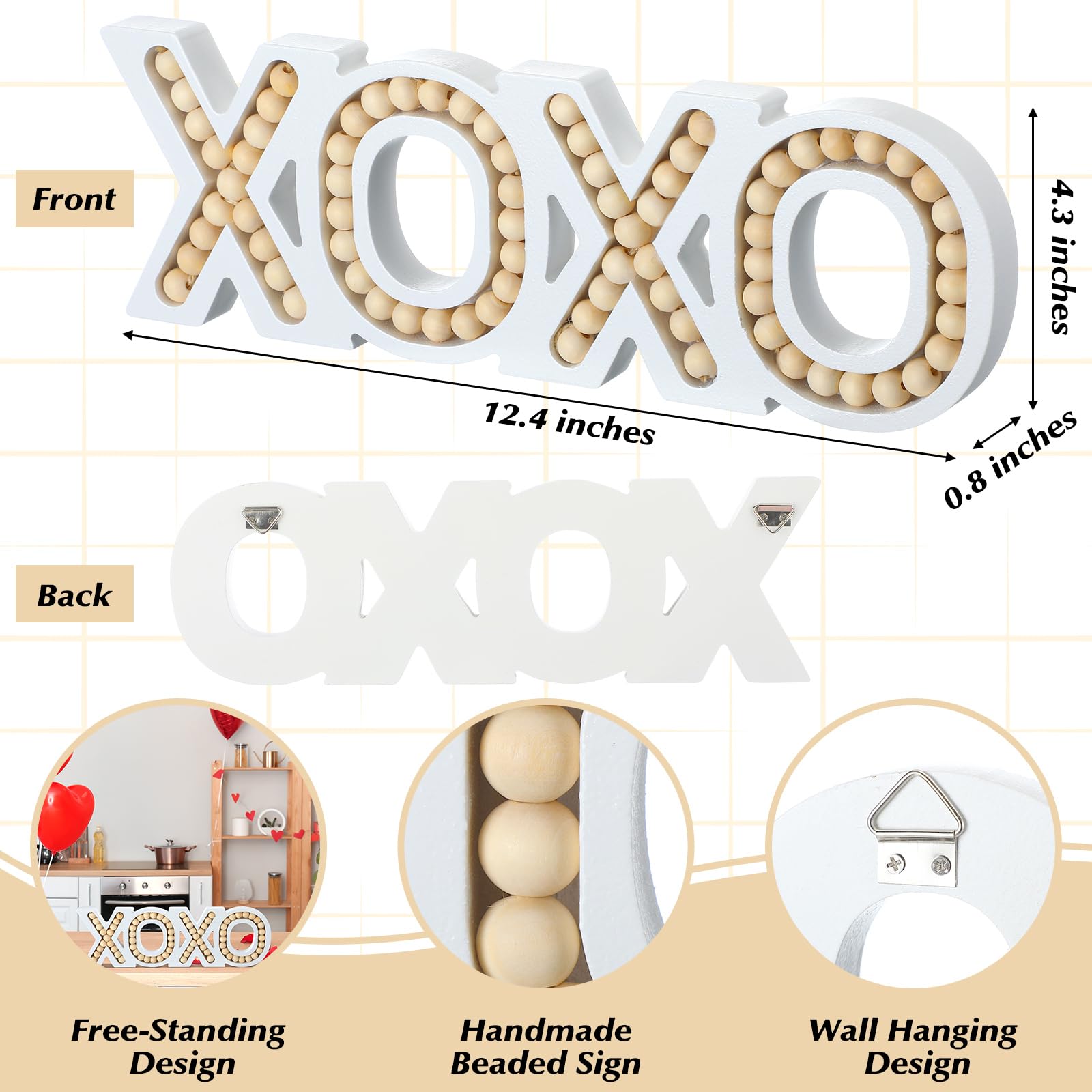 XOXO sign measuring 12.4 x 4.3 x 0.8 inches with two back hooks