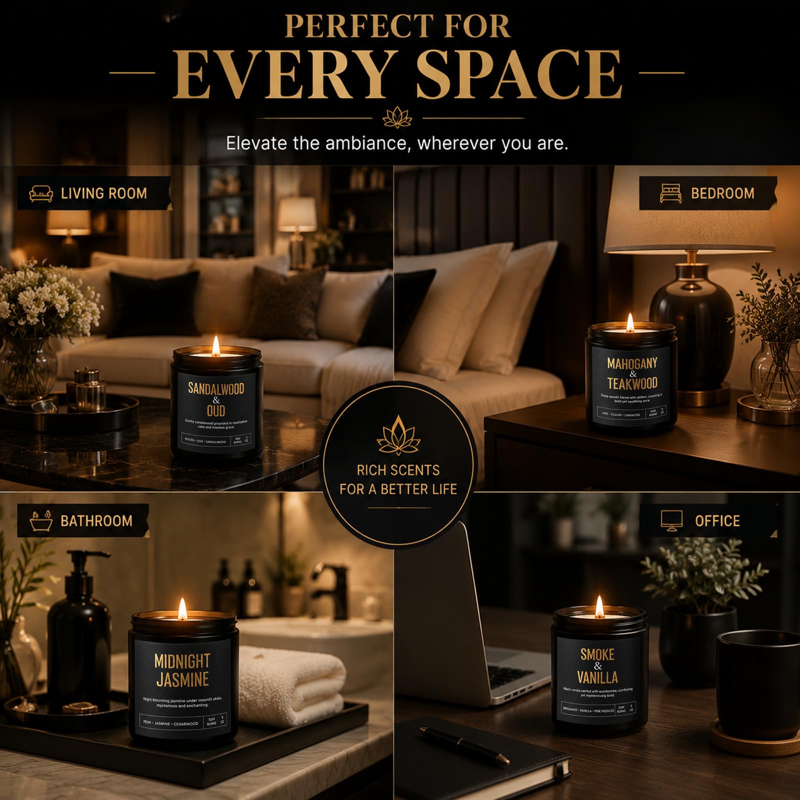 Gift-ready black and gold packaging for men candles