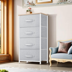 Fabric storage tower dresser with light grey fabric drawers