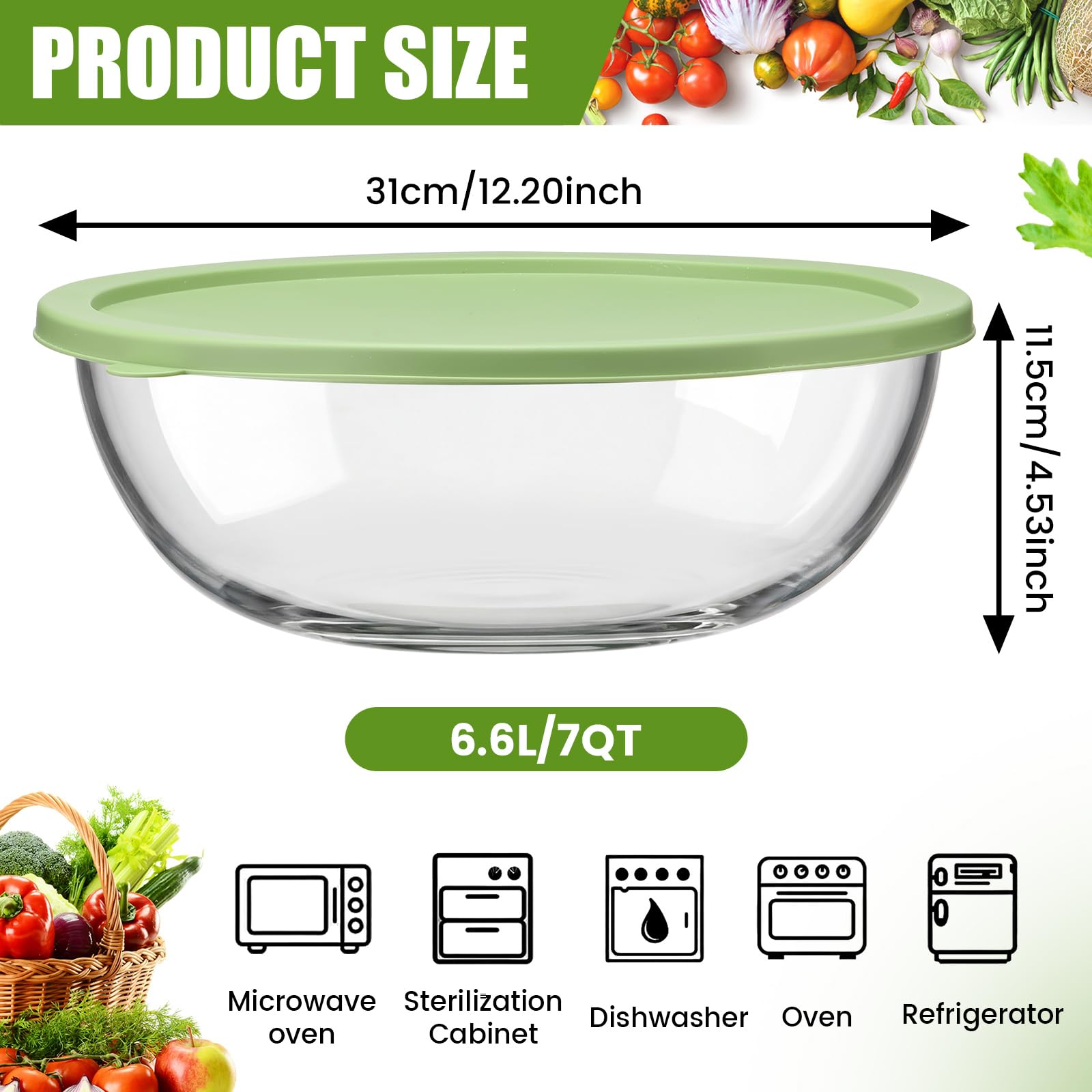 Yiyiring 7qt glass mixing bowl with lid borosilicate