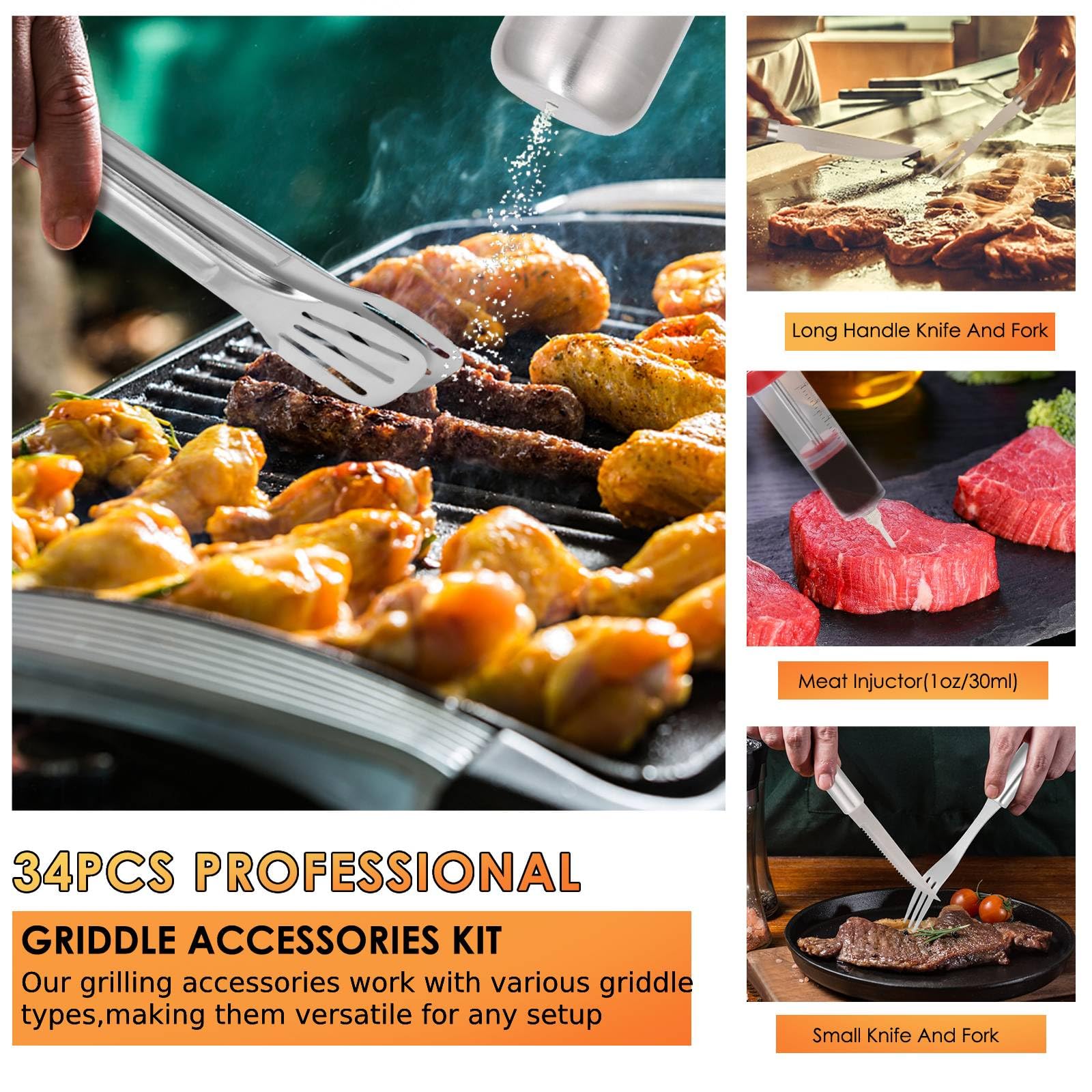 Long handled heat resistant grill tools for safe cooking