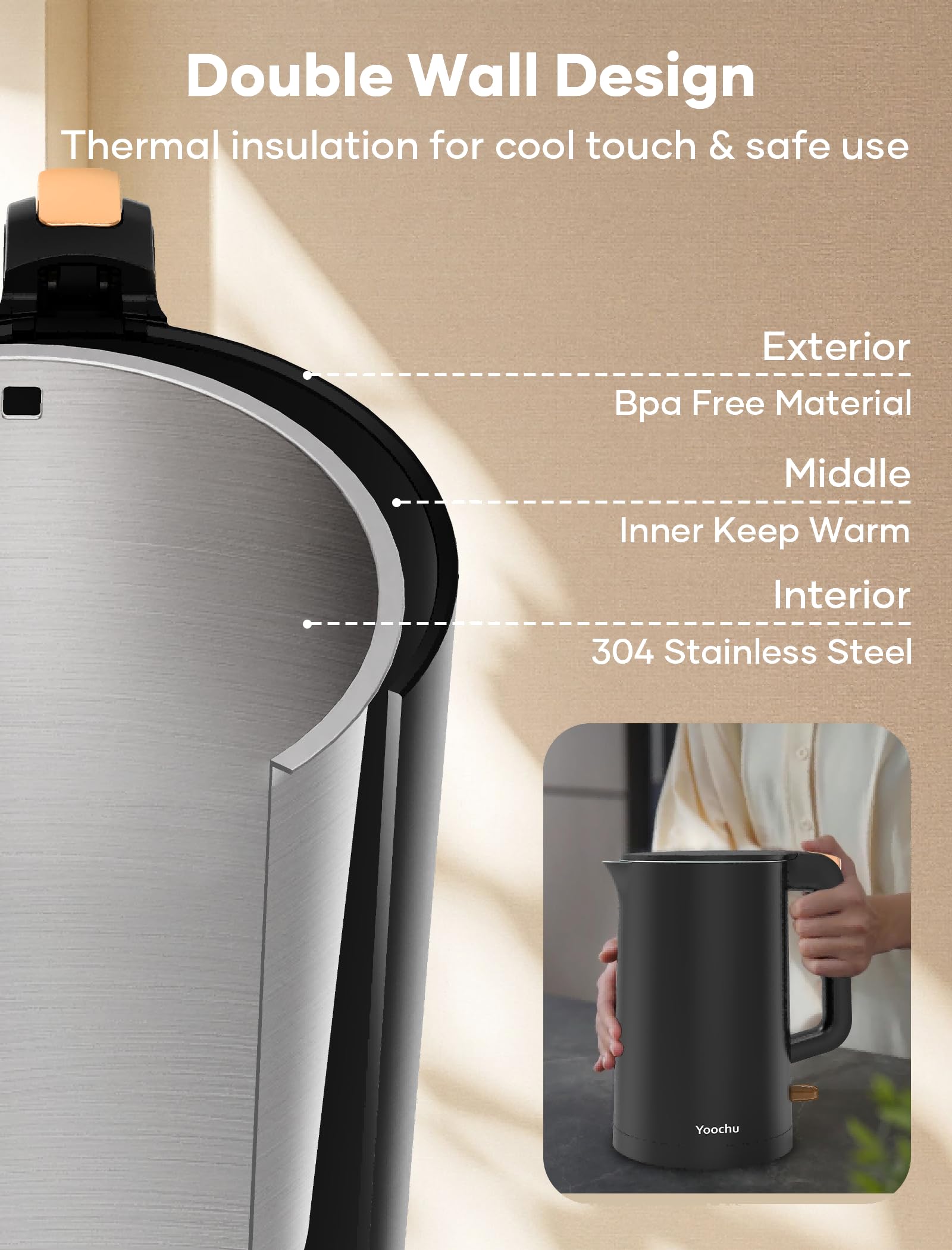 Black finish Yoochu Electric Kettle with wide opening