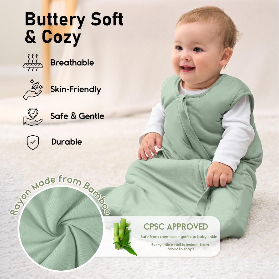 Yoofoss bamboo sleep sack 6-12 months size inset diagram