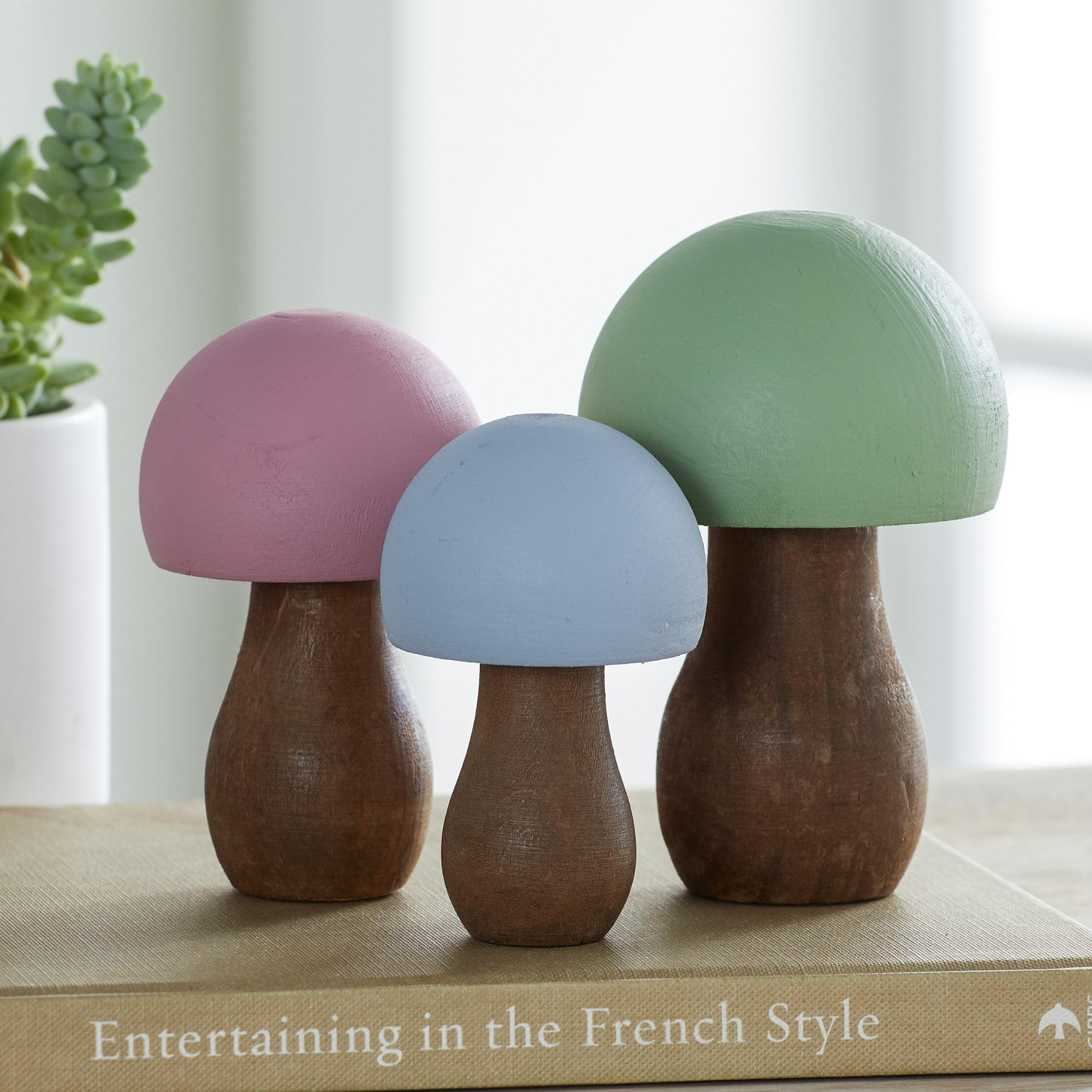 Pastel colored wooden tops Your Heart's Content wood mushrooms set of 3