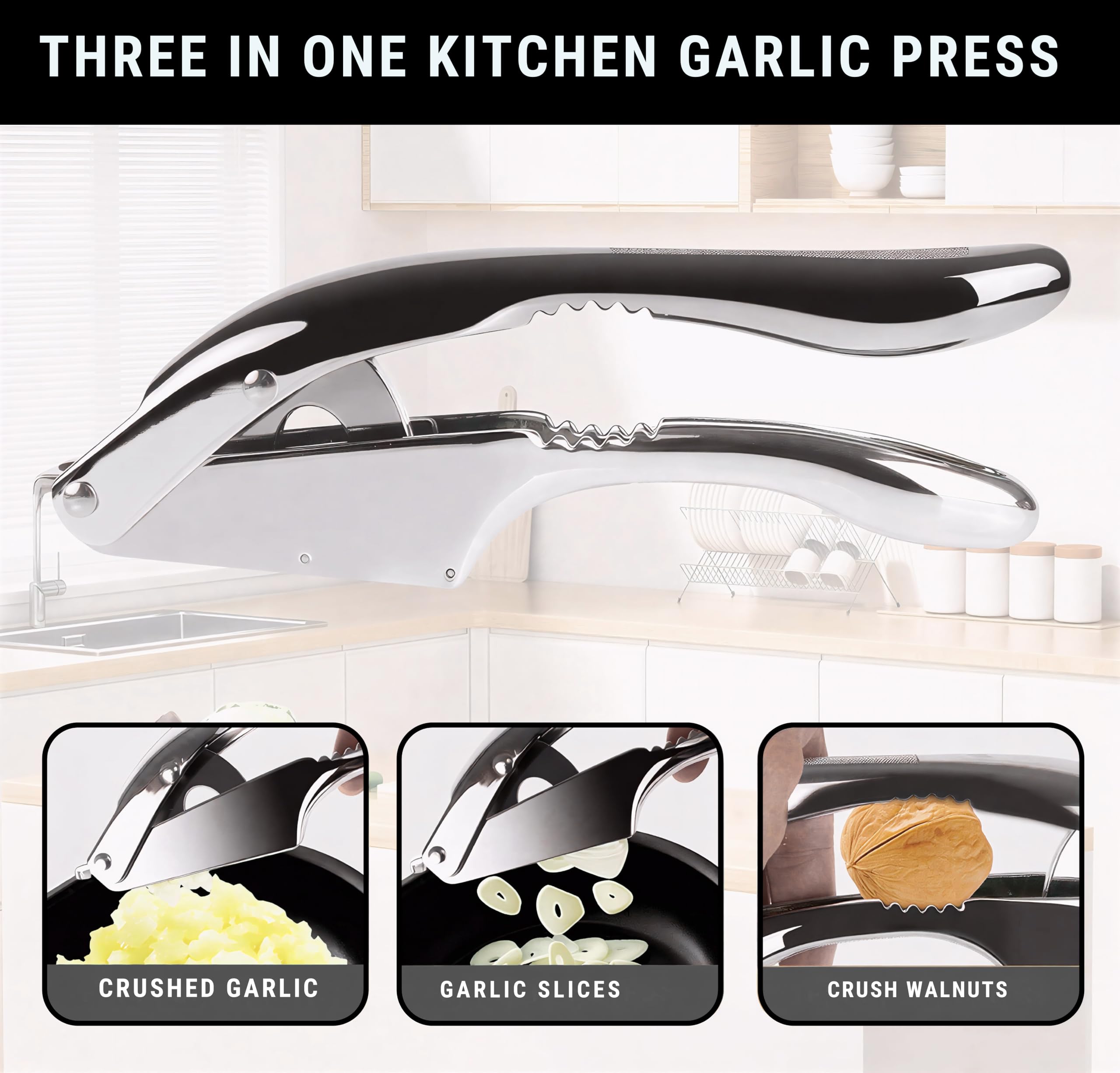 YourAll rust-proof stainless steel garlic press close-up