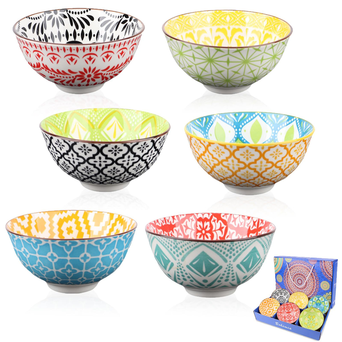 YTDTKJ 6-pack small ceramic bowls with colorful Bohemian pattern