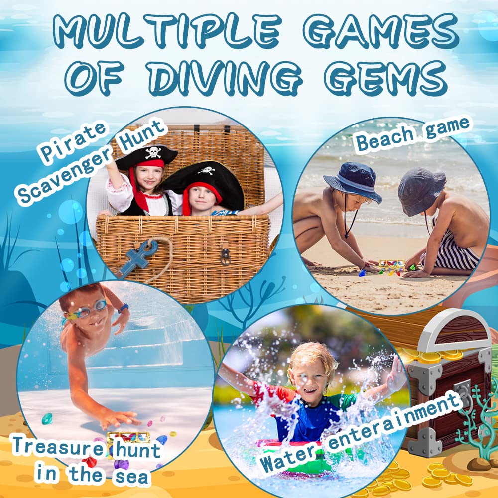 Kids treasure hunt with diving gems in pool