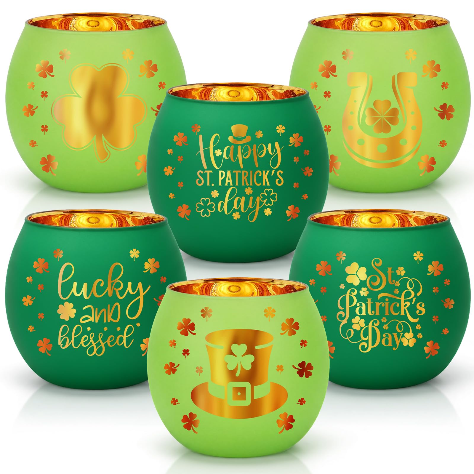 Yungyan St Patricks Day glass votive candle holders set of six in green