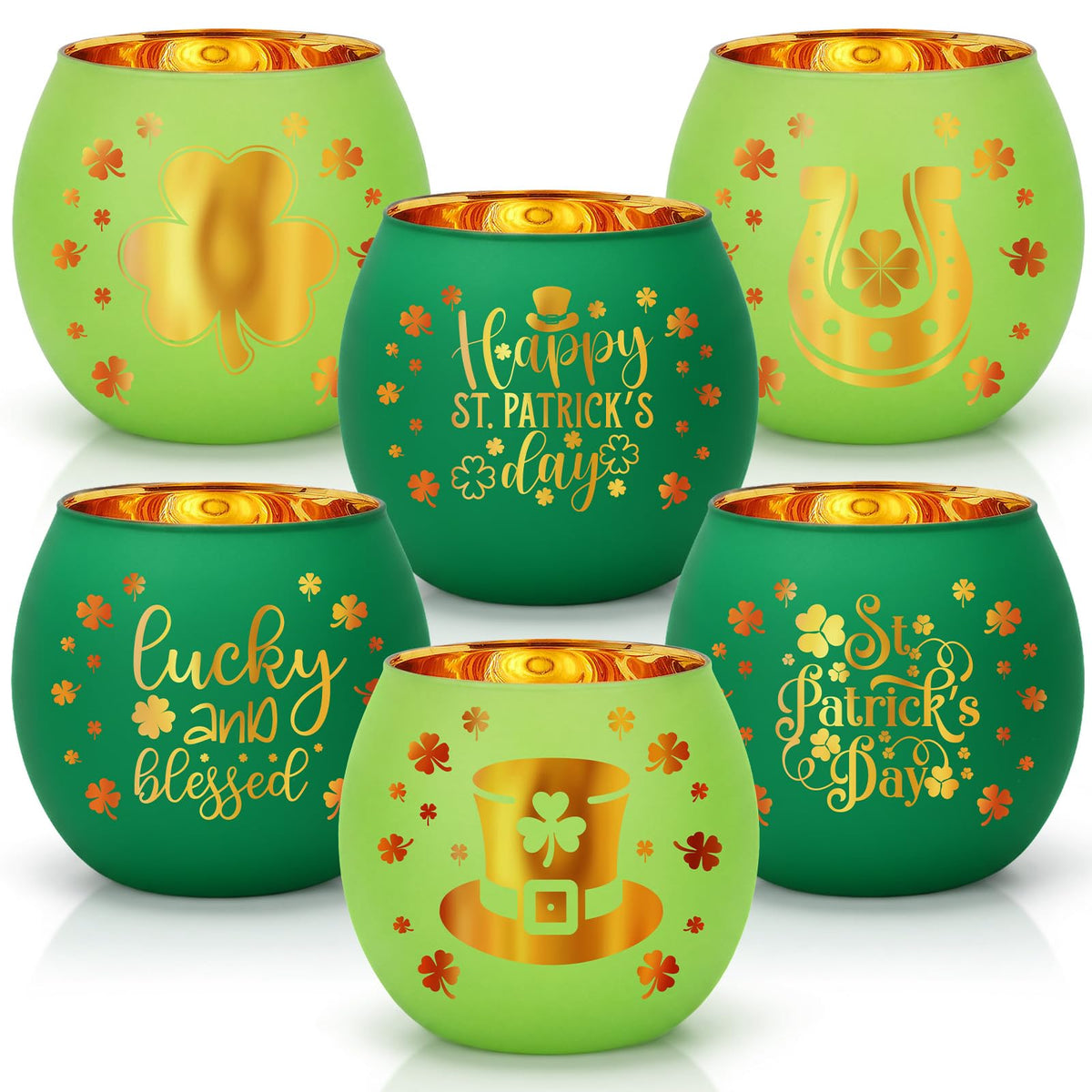 Yungyan St Patricks Day glass votive candle holders set of six in green