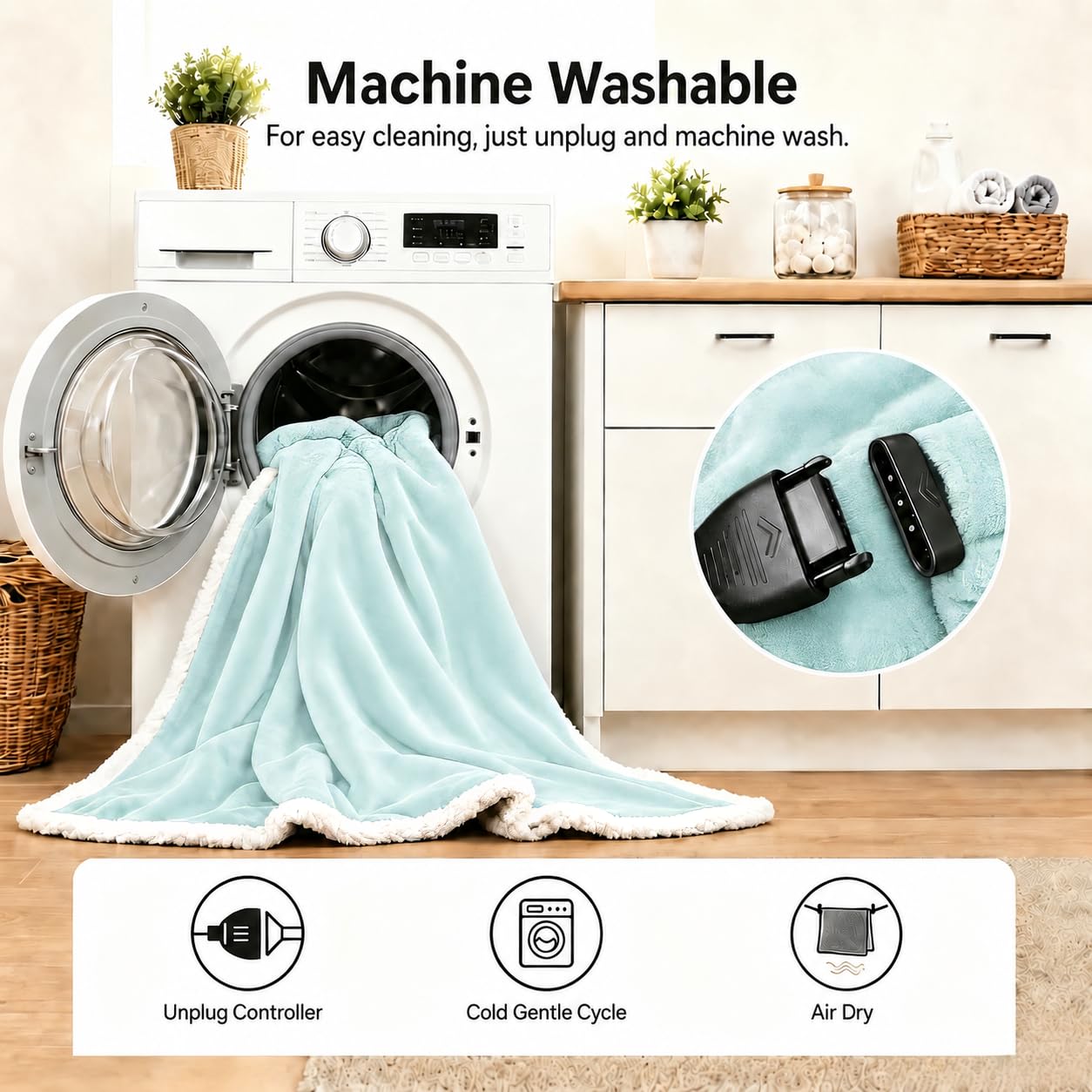 Machine washable heated blanket care instruction image