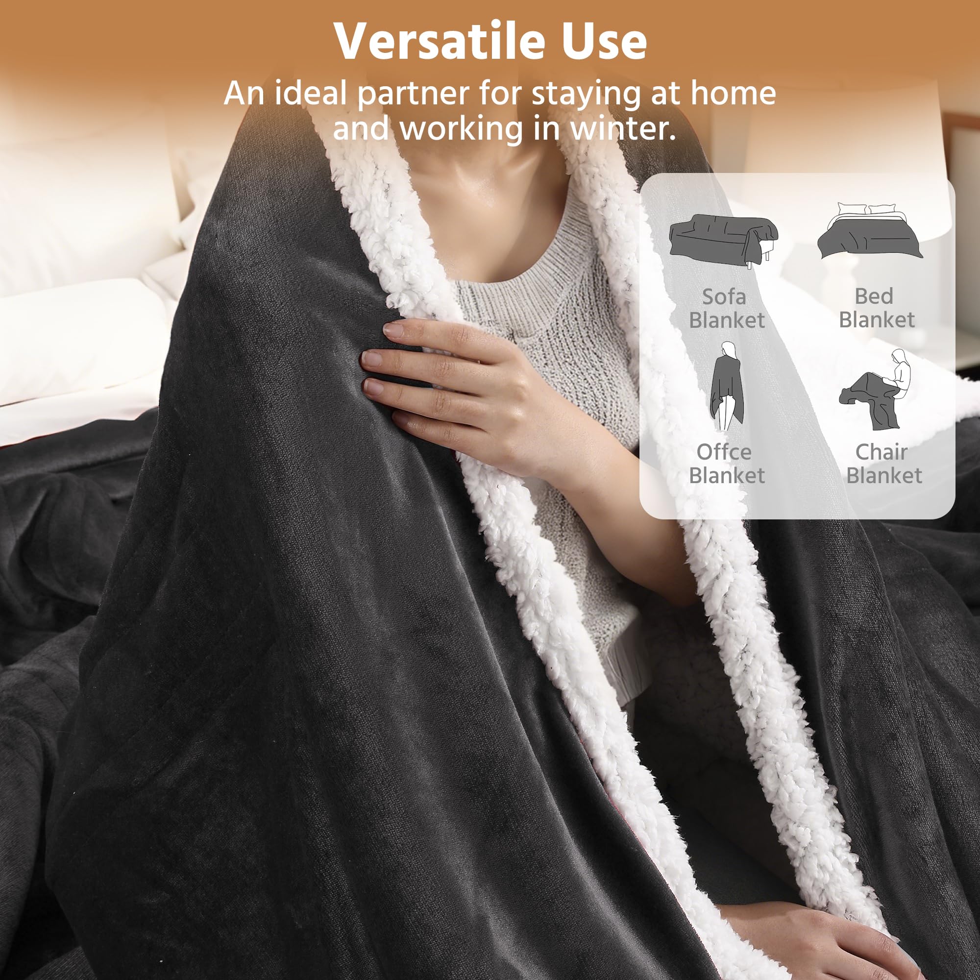 Charcoal gray YUSTAL heated blanket 72x84 inch with 10 heat levels