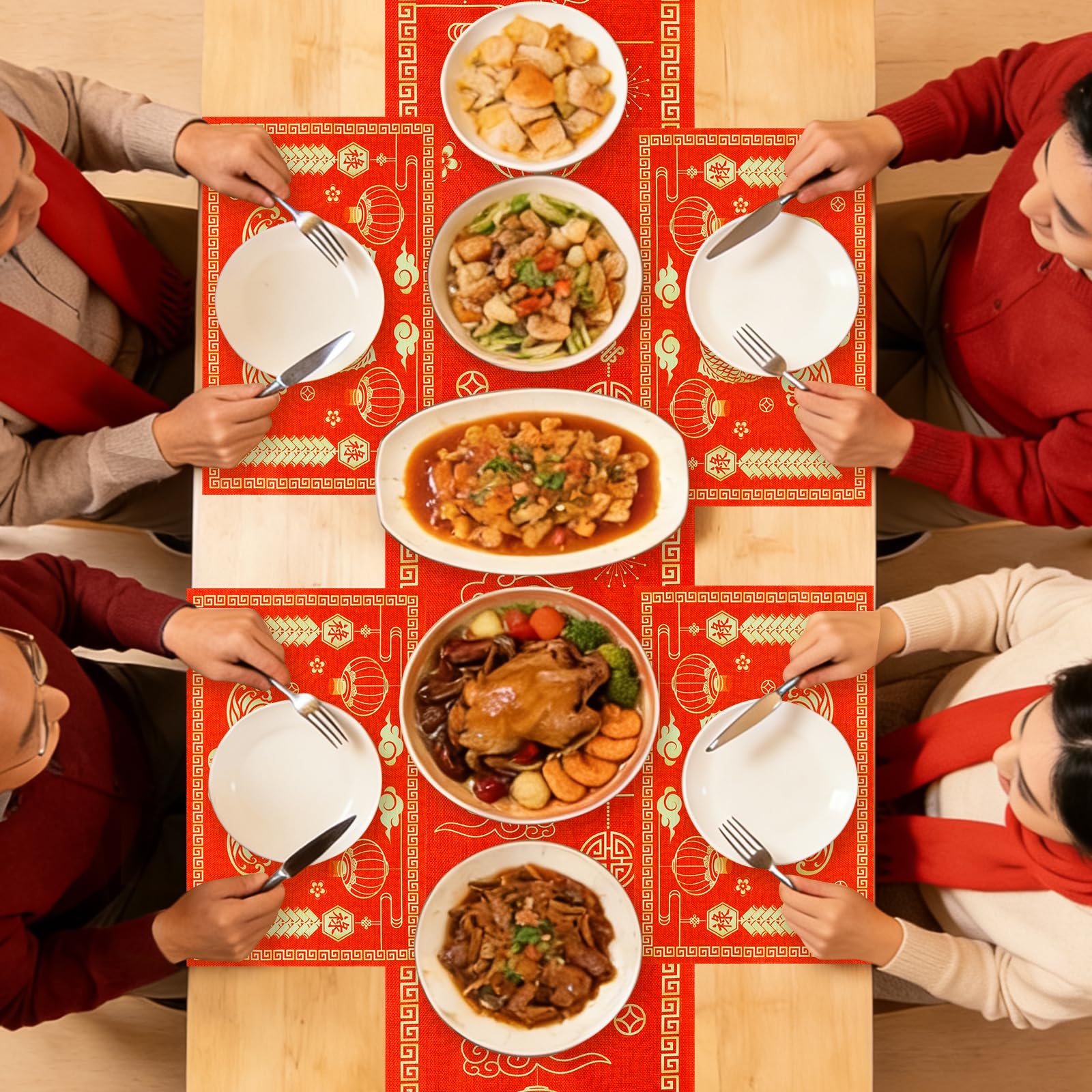 Chinese knot pattern on red and gold placemats