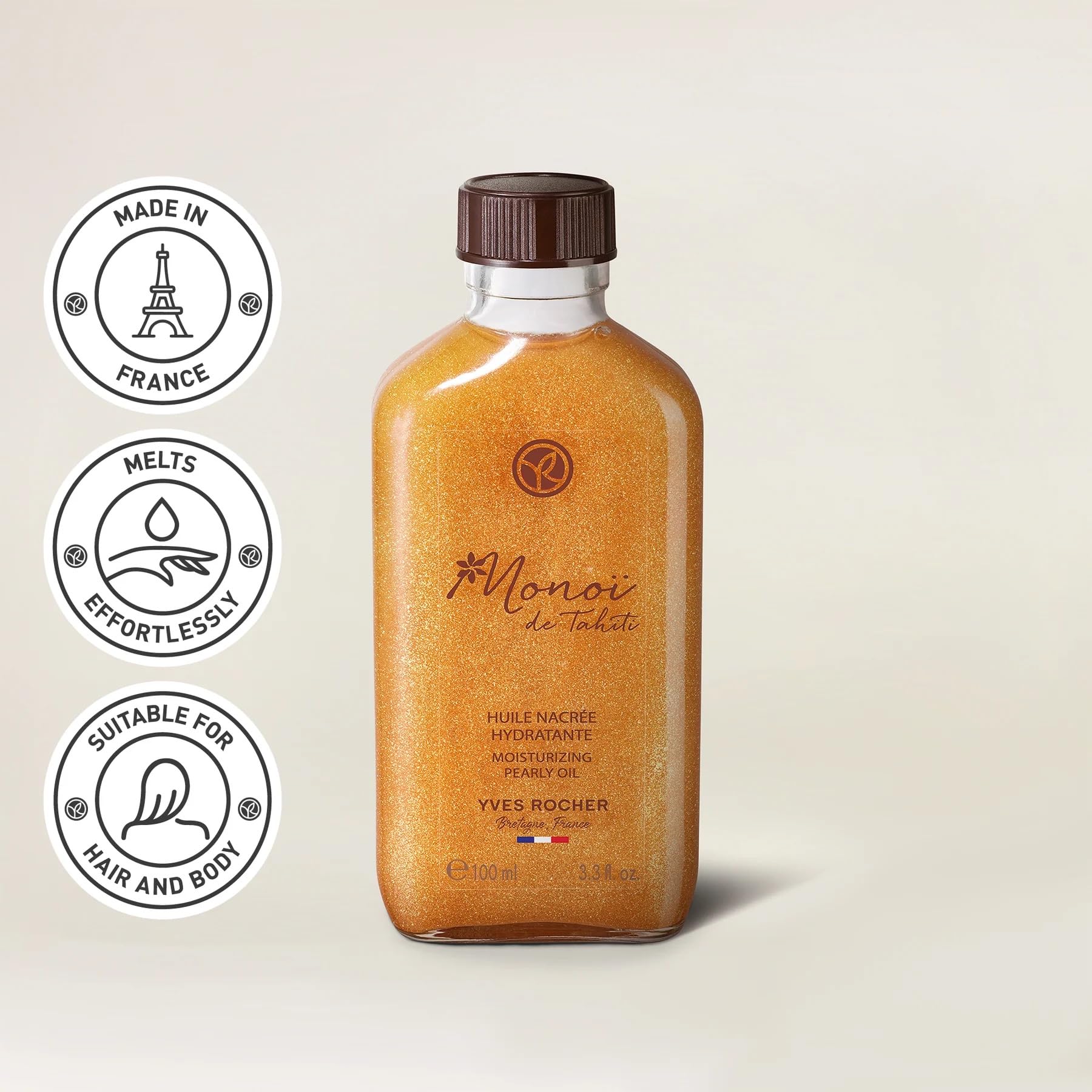 Sustainable packaging note on Yves Rocher oil bottle