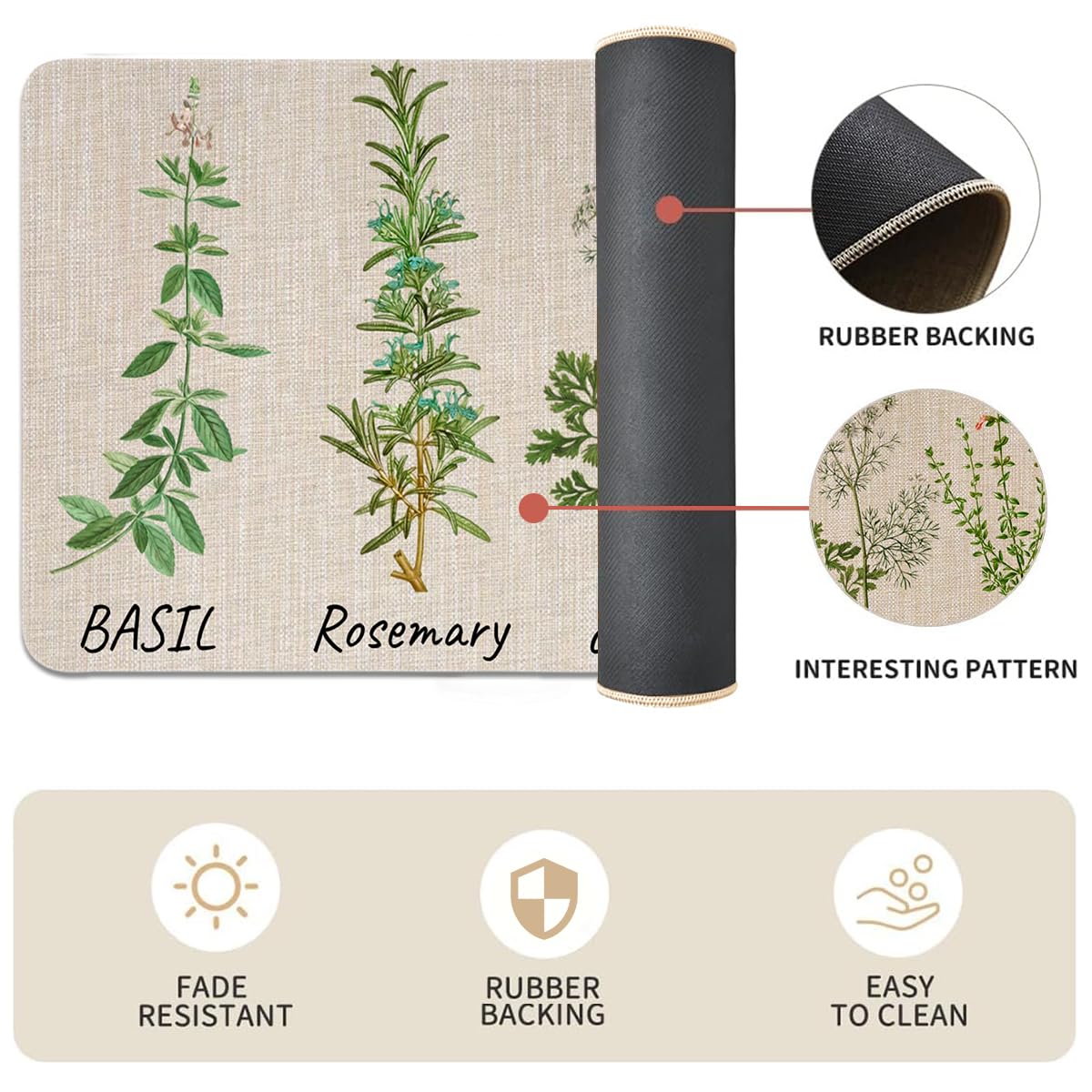 Fade resistant herb pattern on washable kitchen mats