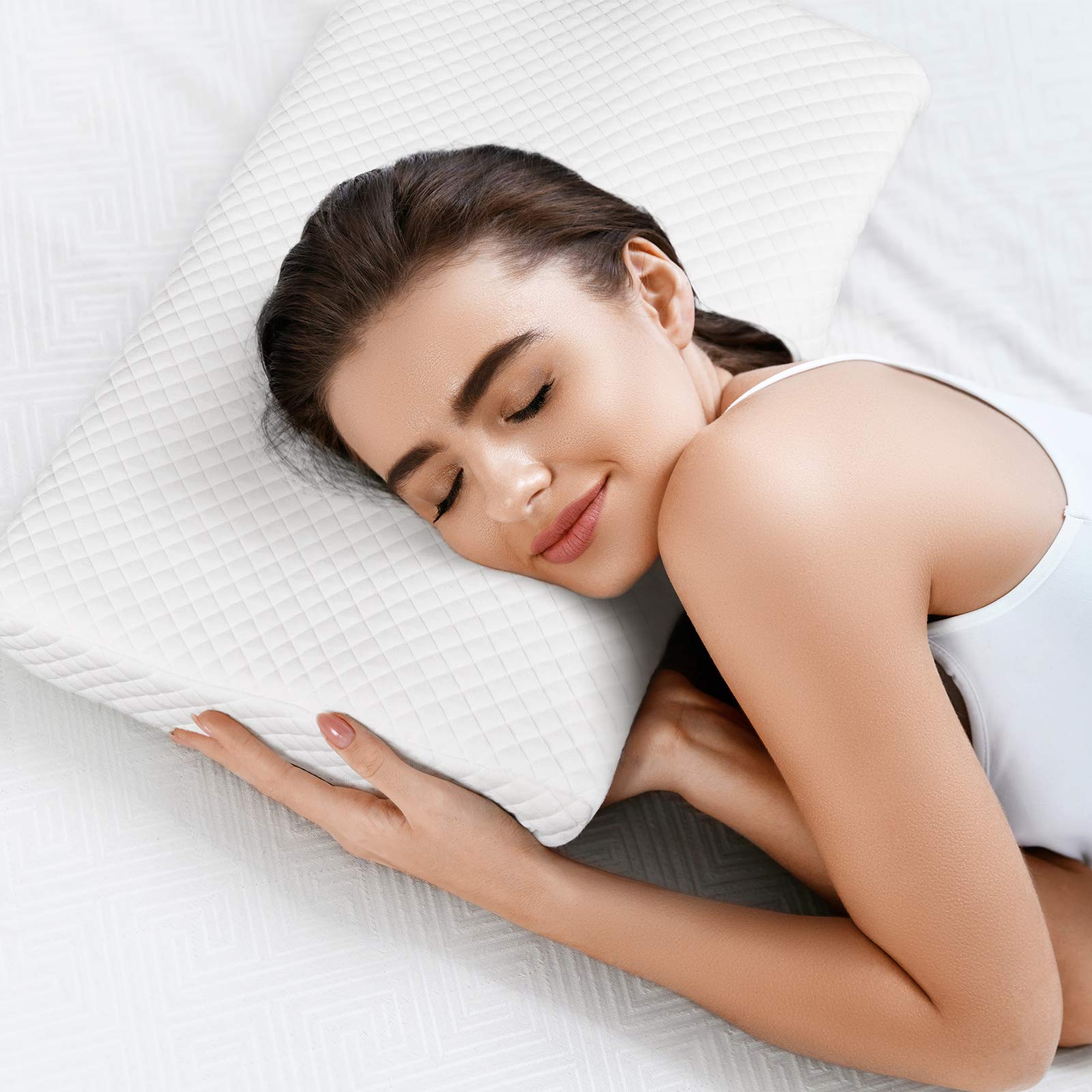 ZAMAT memory foam pillow demonstrating spine alignment across sleep positions