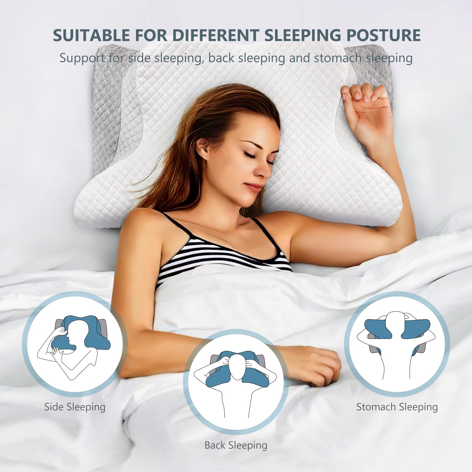 Ergonomic support for stomach back and side sleepers with ZAMAT pillow