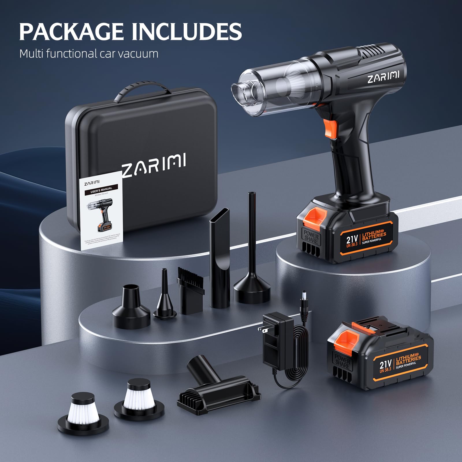 ZARIMI 6-in-1 portable vacuum components laid out