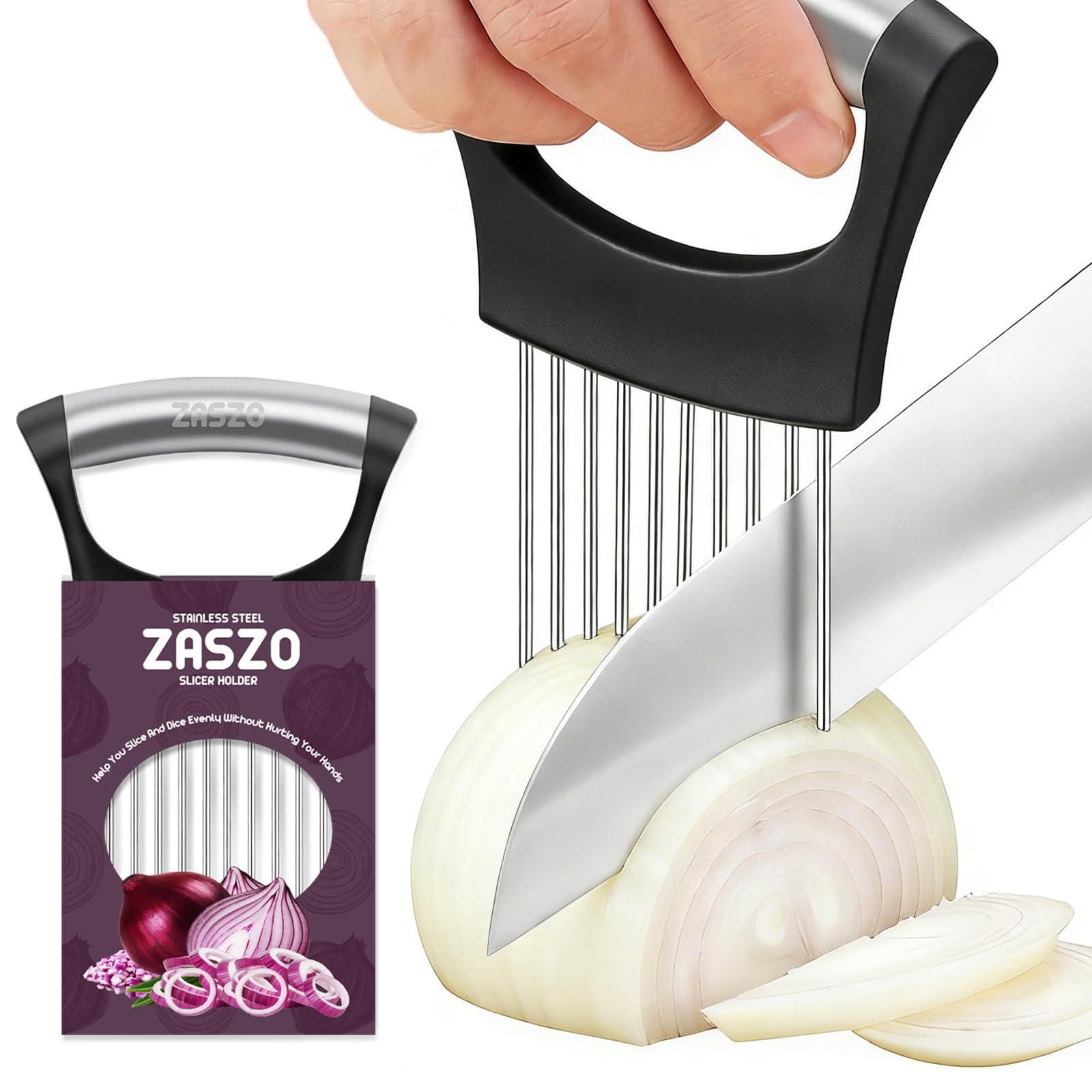 ZASZO onion holder for slicing with 10 stainless steel prongs