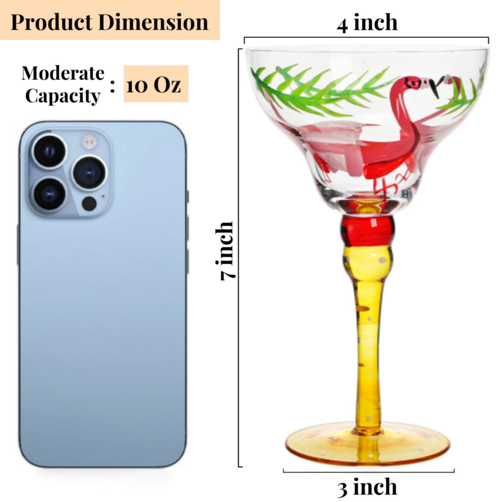 Two hand blown margarita glasses with 10 oz capacity
