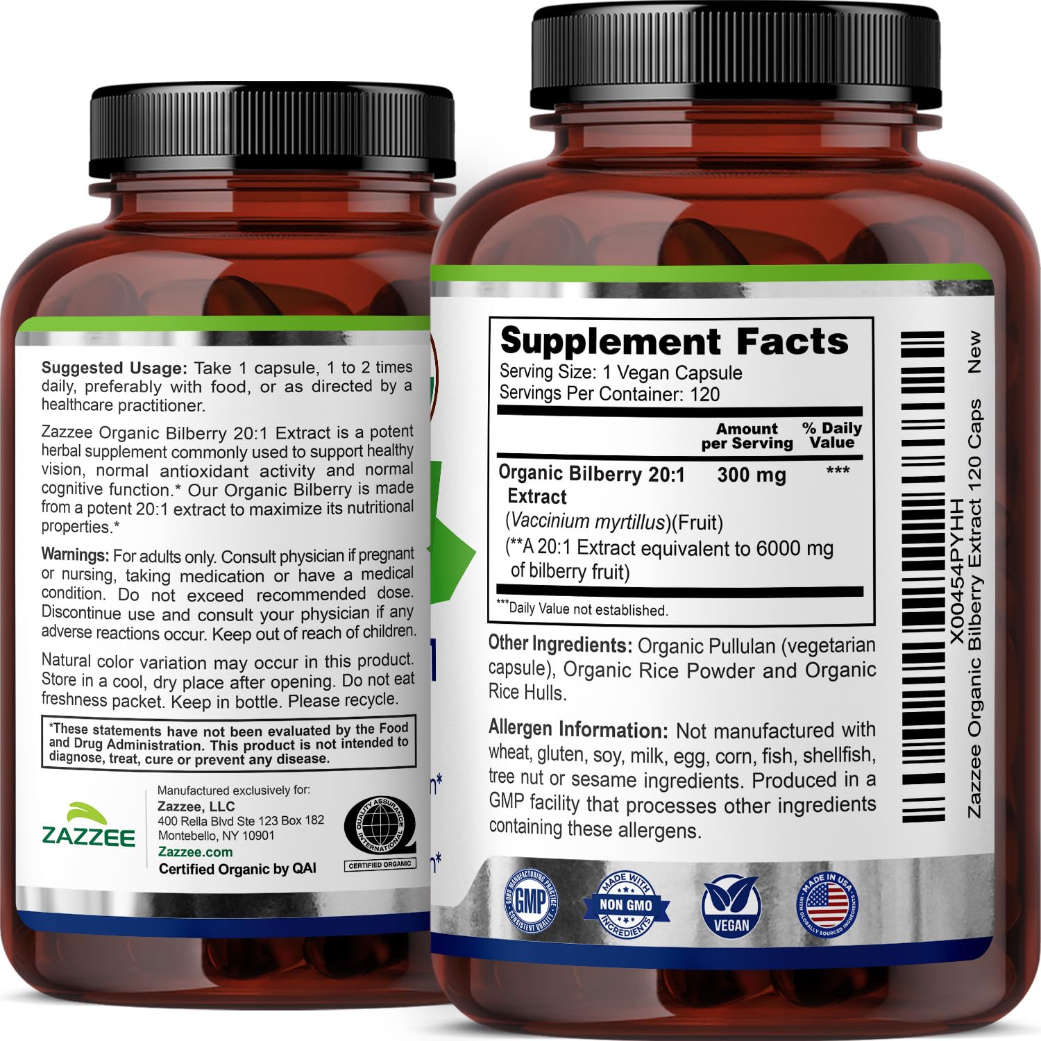 Zazzee bilberry USA made capsule bottle