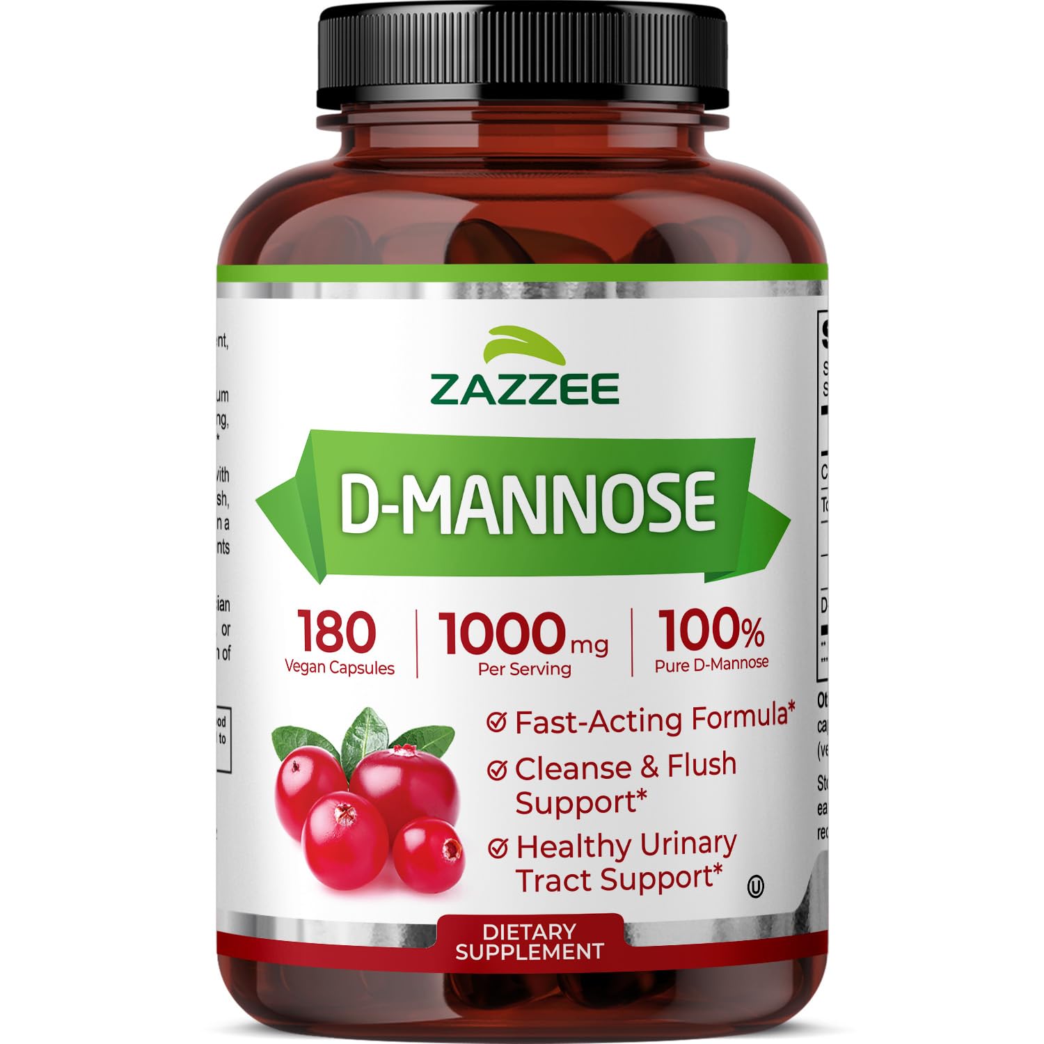 Zazzee D-Mannose 1000 mg serving vegan capsules bottle