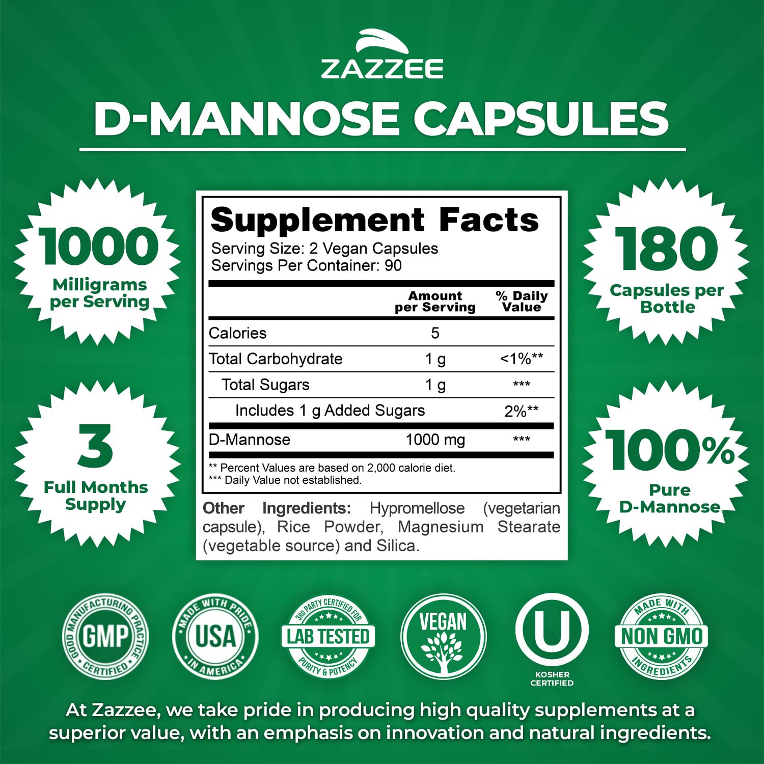180 vegan capsules Zazzee D-Mannose pack