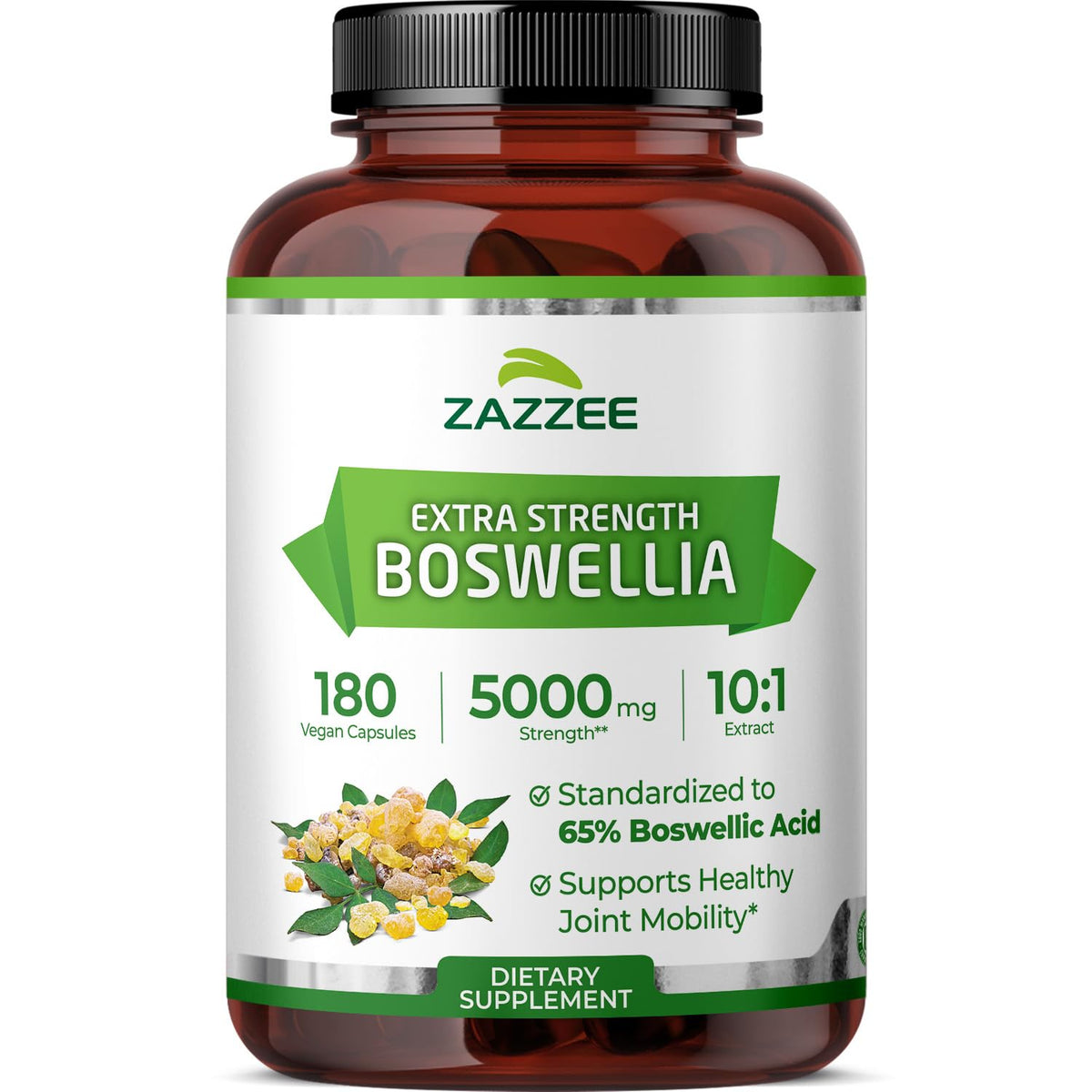 Label showing Zazzee Extra Strength Boswellia 10:1 Extract
