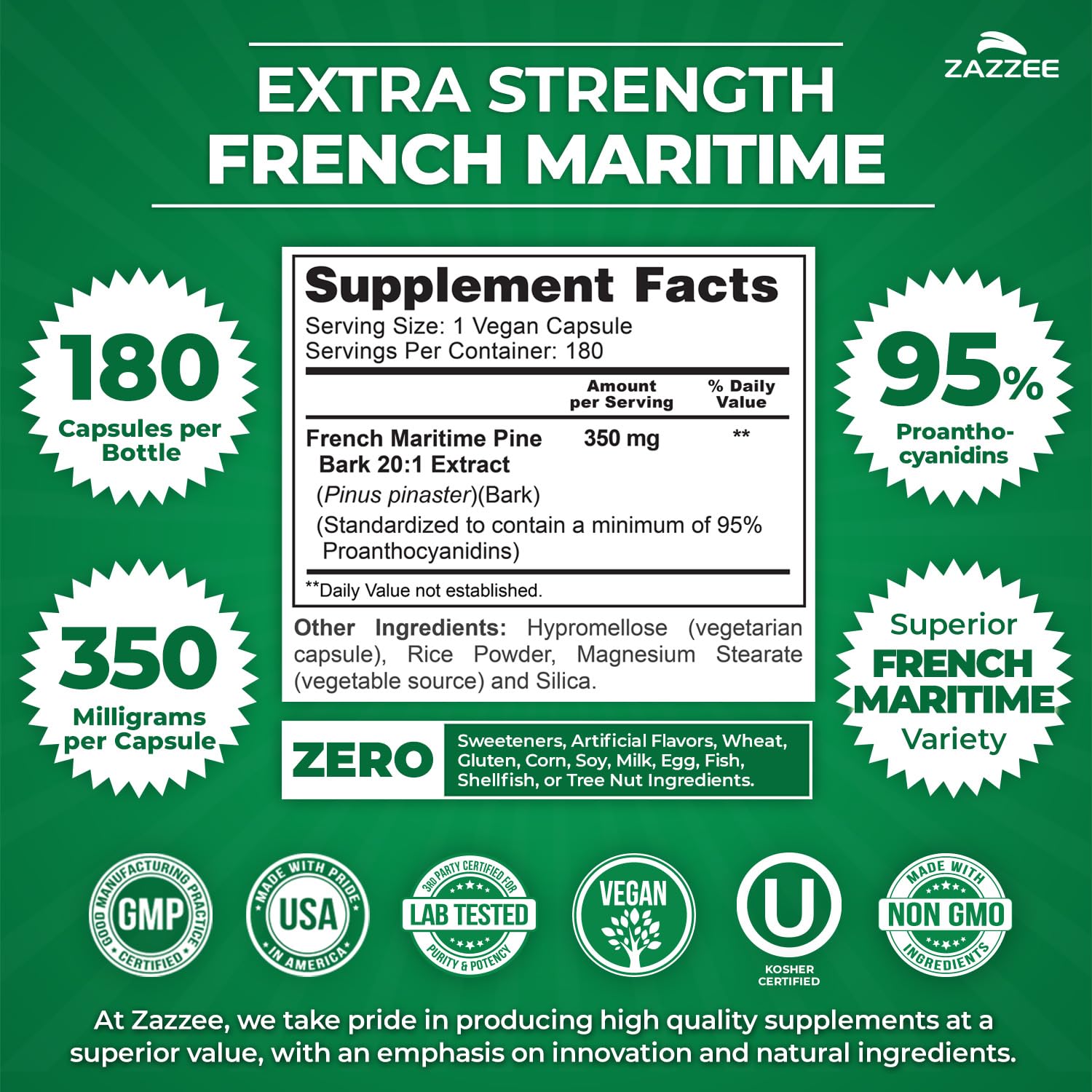 Zazzee extra strength pine bark extract capsule 350 mg