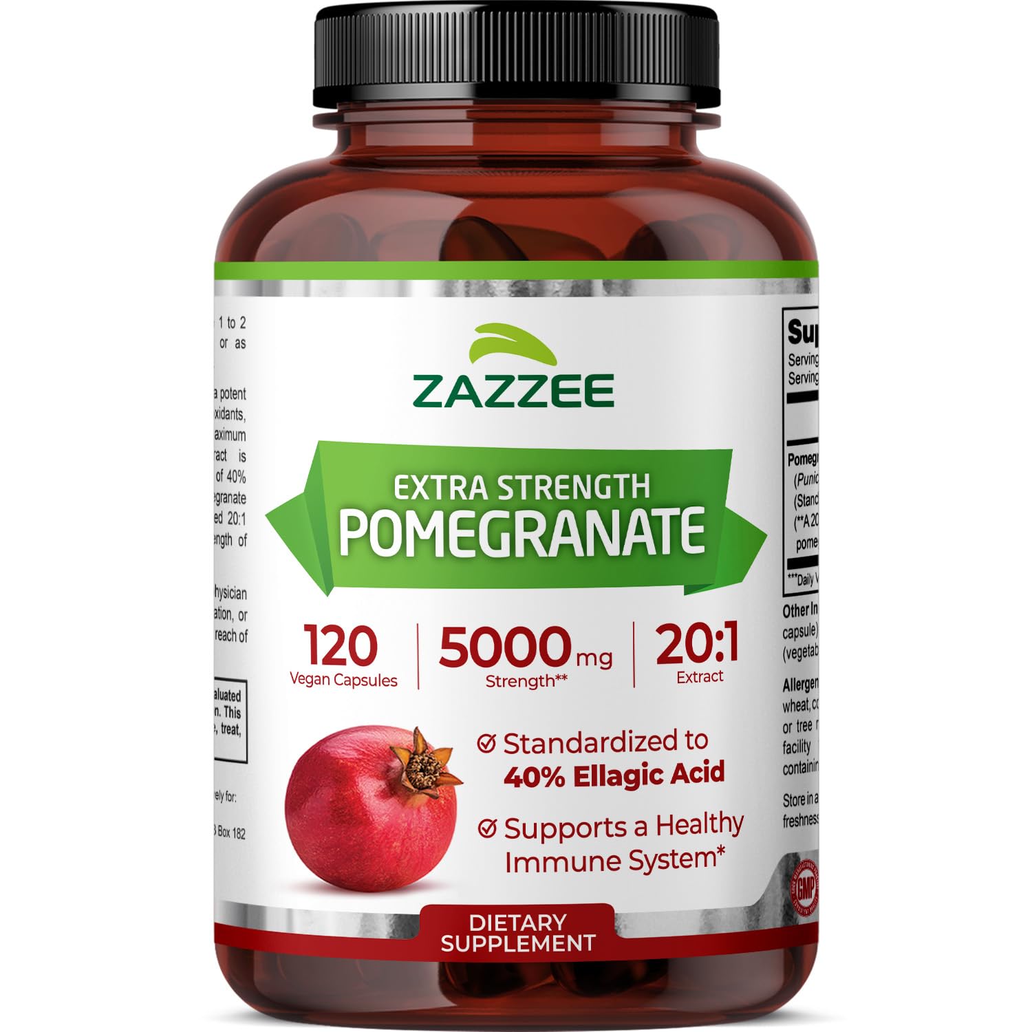 Zazzee extra strength pomegranate 20:1 extract bottle label with 120 capsules