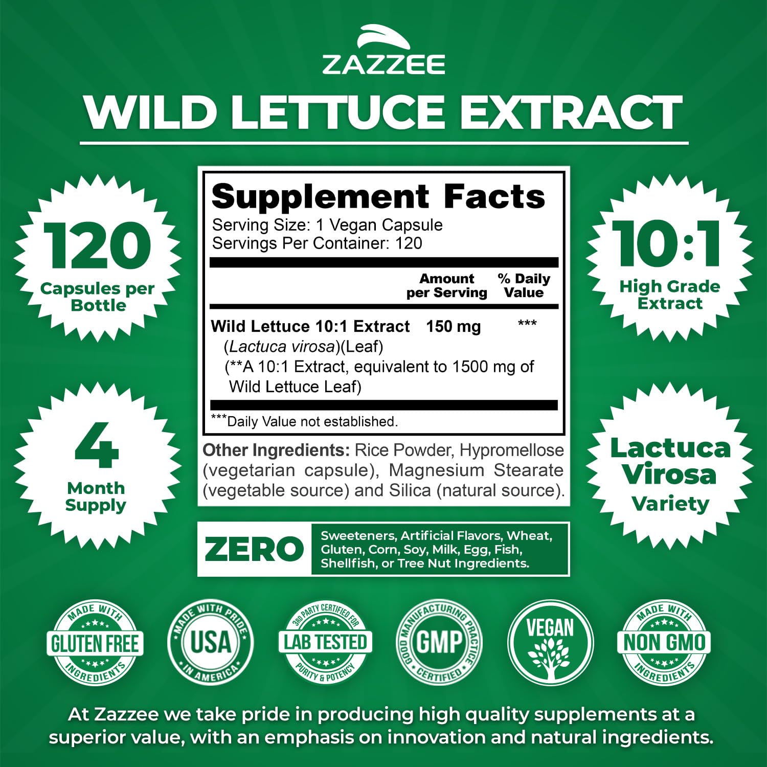 Zazzee Extra Strength Wild Lettuce capsules vegan