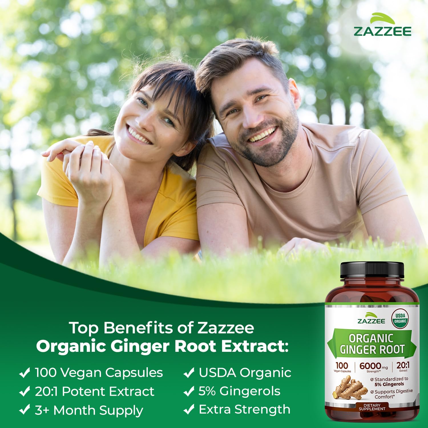 Zazzee Ginger Root Extract USDA Organic 20to1 capsule