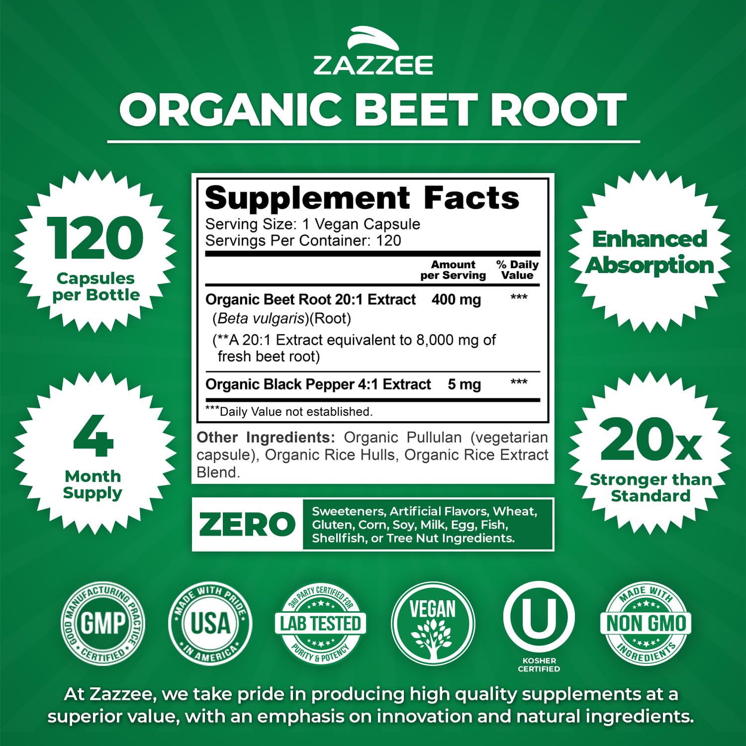 Zazzee Beet Root Capsules 120 count