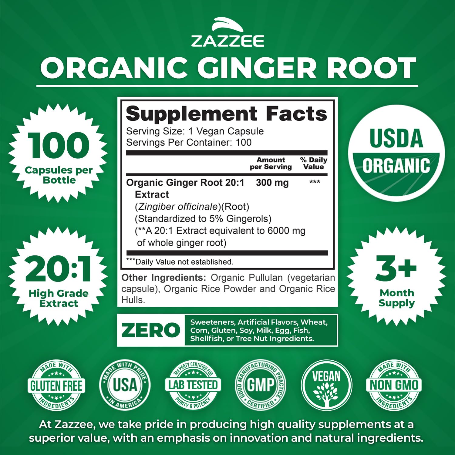 Zazzee Organic Ginger Root Extract 20to1 gingerols content capsule