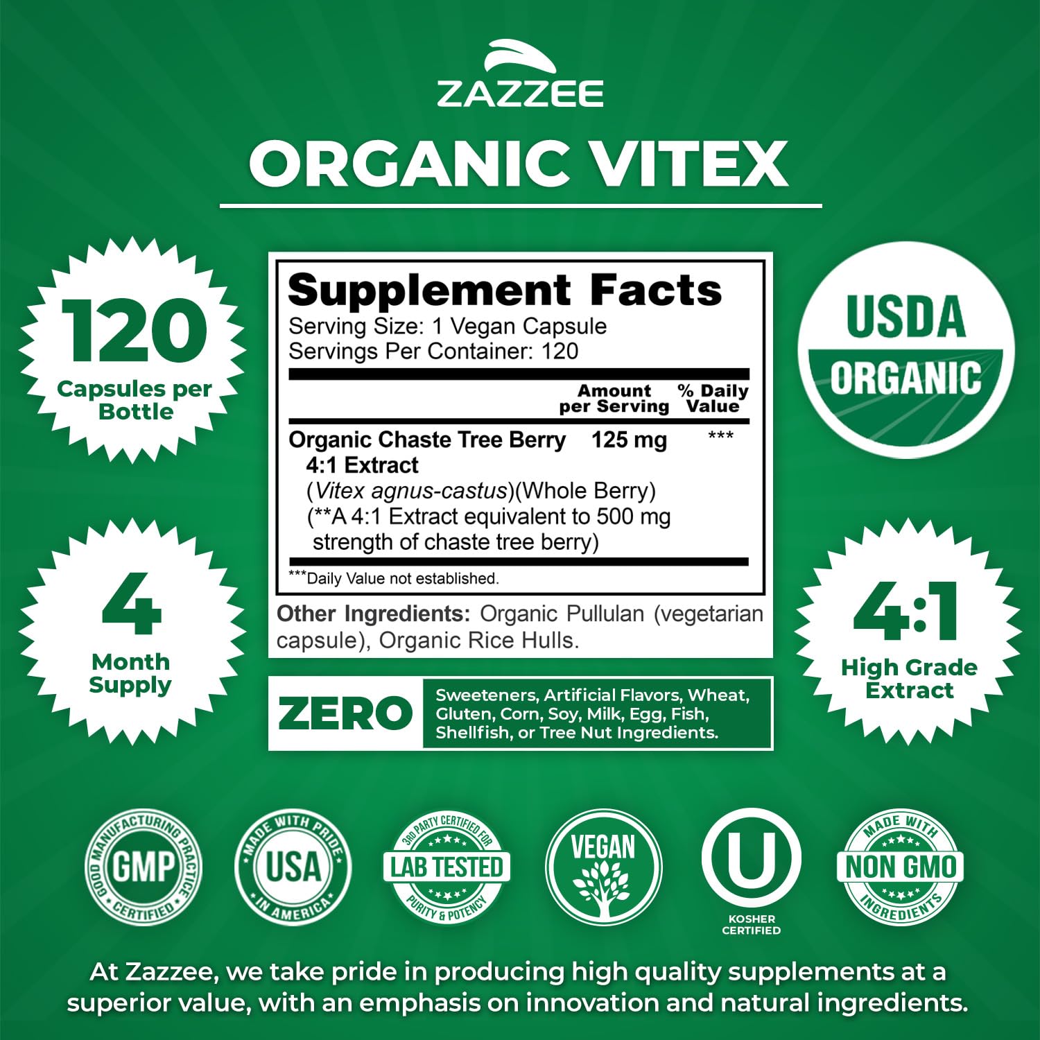 Zazzee Organic Vitex Chasteberry 4to1 extract capsules