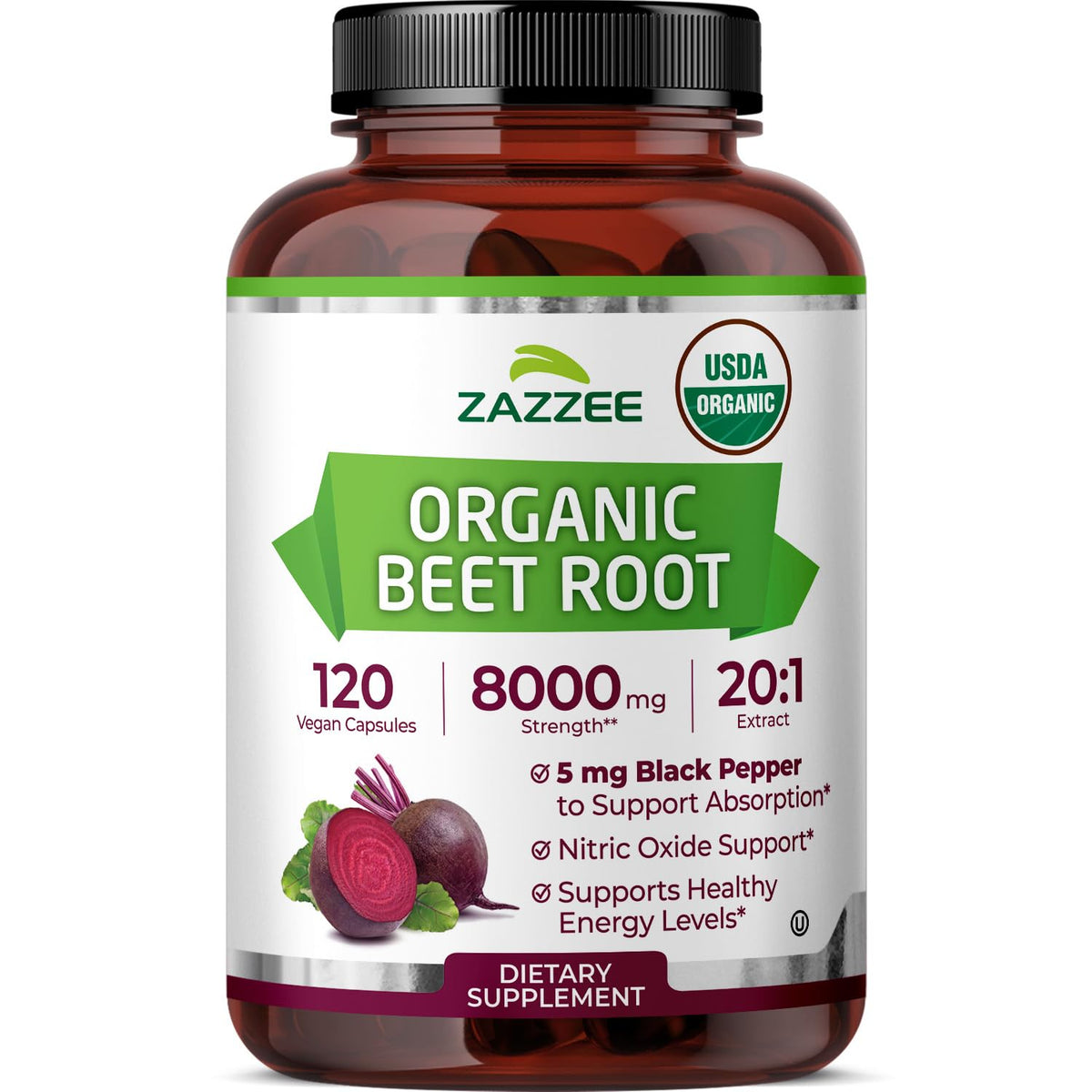 Zazzee USDA Organic Beet Root 20:1 Extract bottle 120 capsules