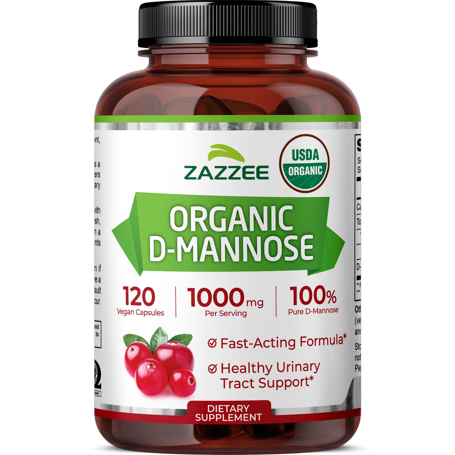 Zazzee USDA Organic D-Mannose 1000 mg capsules 120 count