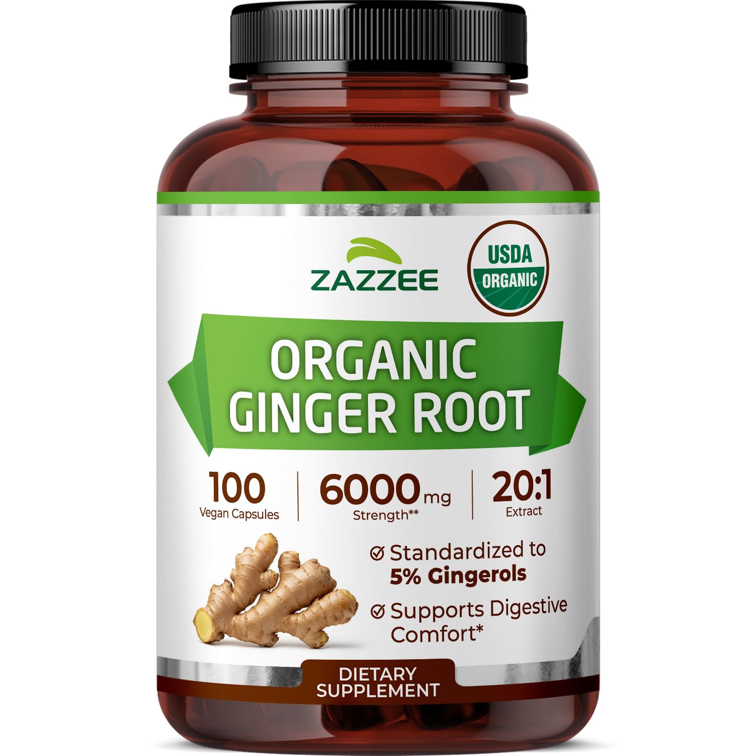 Zazzee USDA Organic Ginger Root Extract 20to1 100 capsules bottle