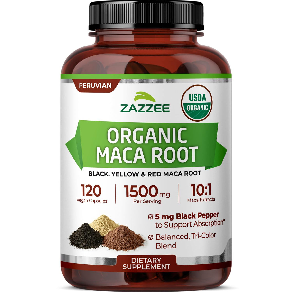 Zazzee USDA Organic Maca Root 10:1 Extract bottle label