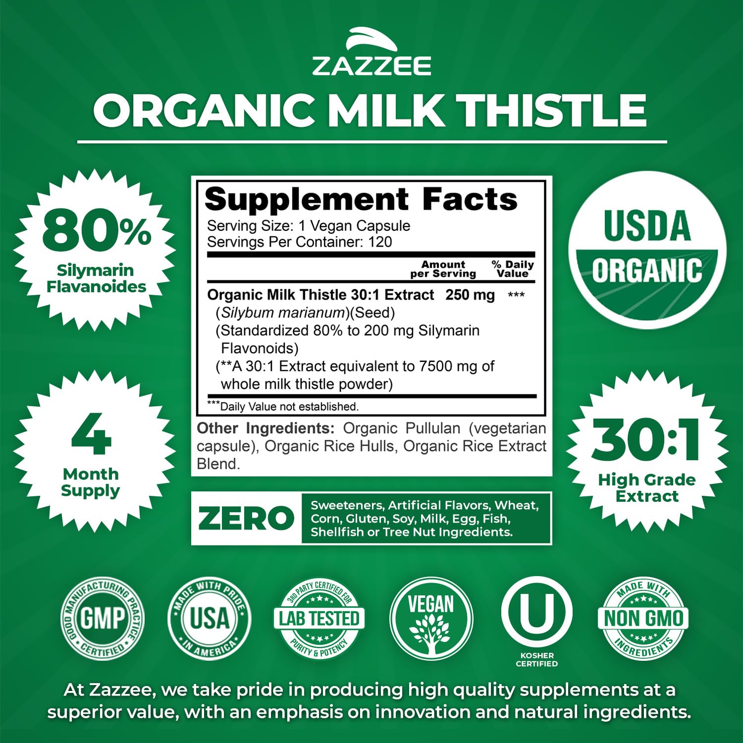 USDA Organic Zazzee milk thistle product packaging