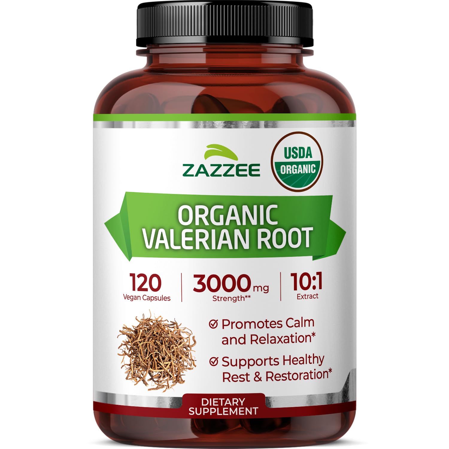 Zazzee USDA Organic Valerian Root 10:1 Extract bottle with 120 vegan capsules
