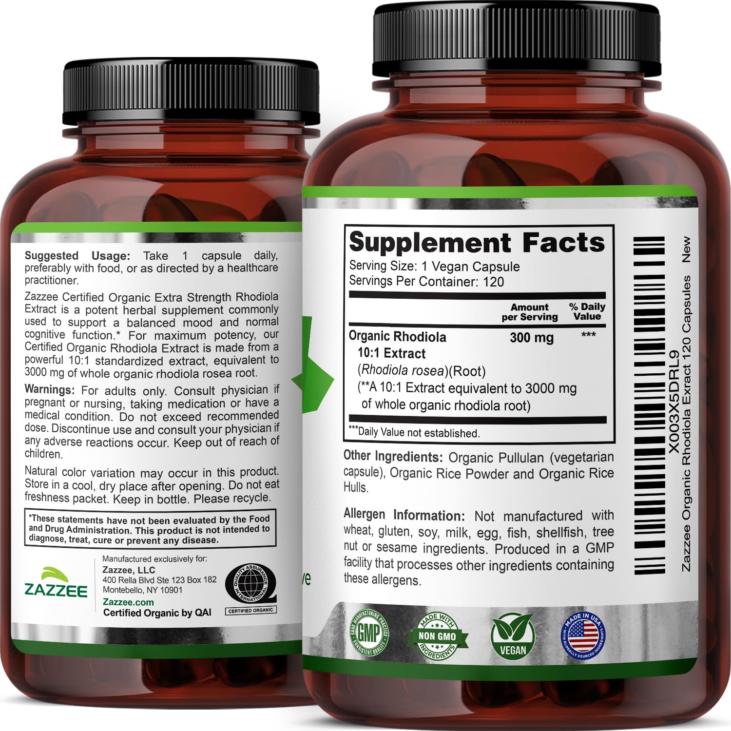 Zazzee Rhodiola Organic label on bottle