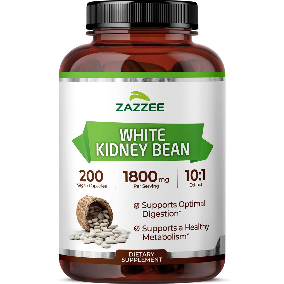 Bottle of Zazzee White Kidney Bean 10:1 Extract with 200 capsules