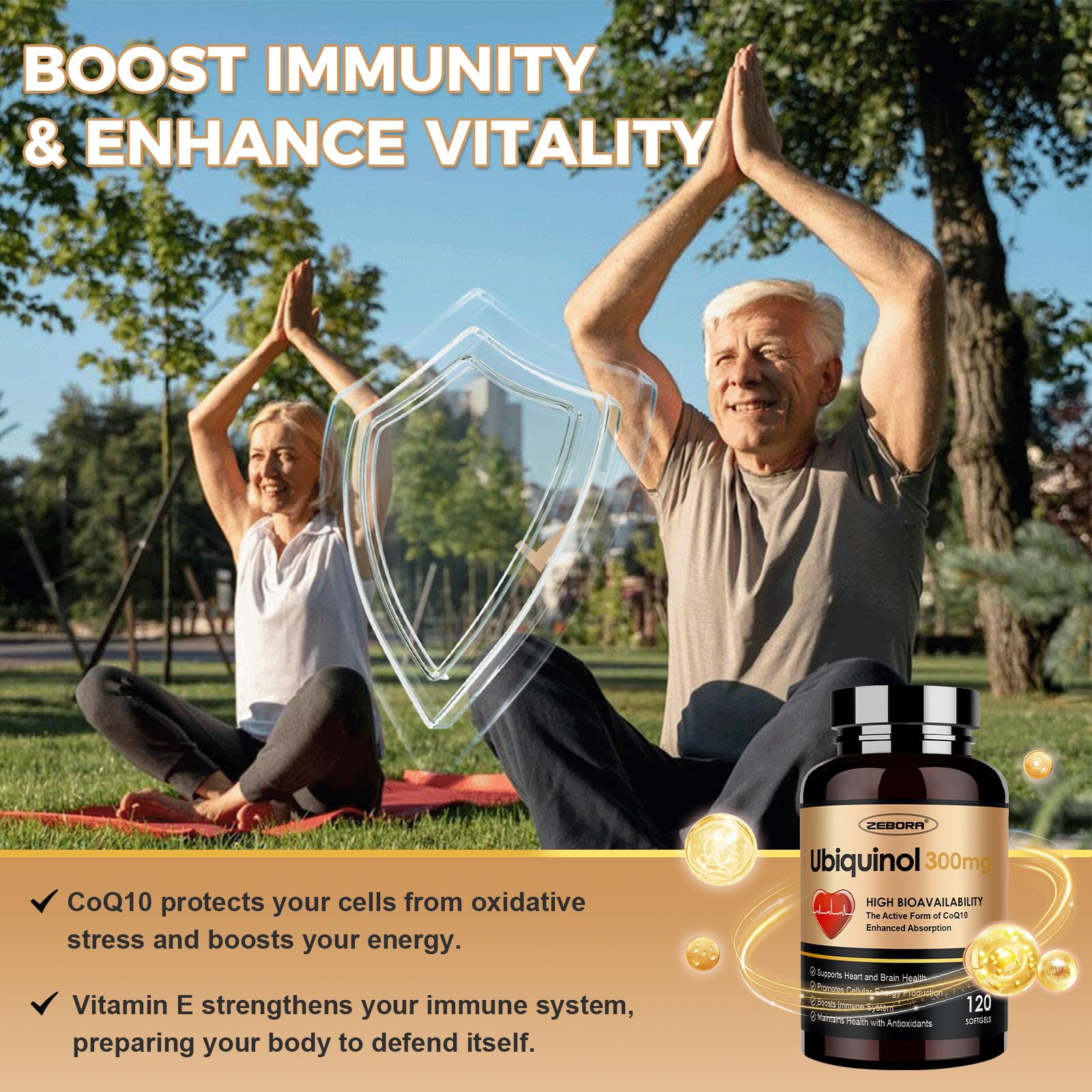 Closeup of ZEBORA ubiquinol CoQ10 300mg softgels nutrition panel
